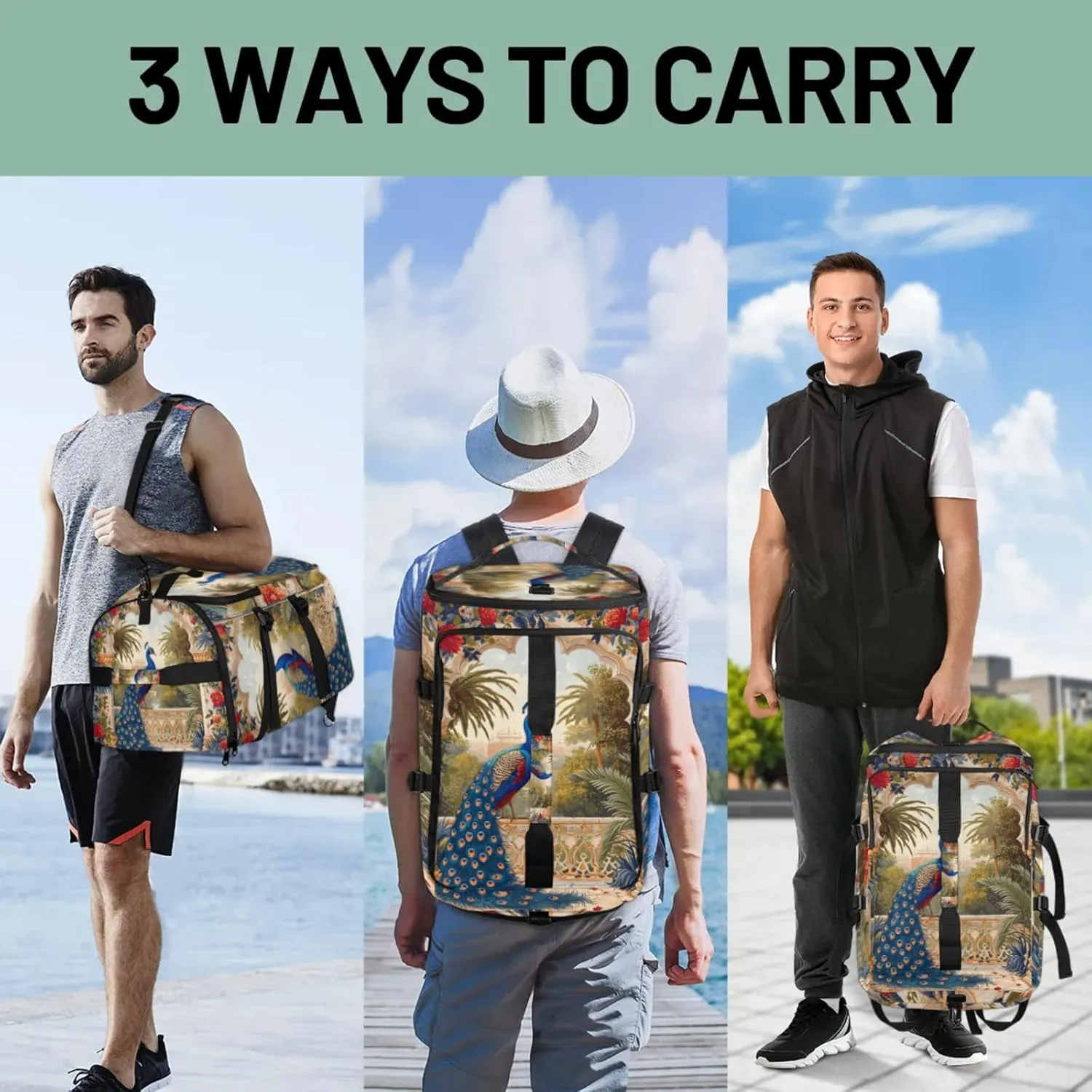 Tactical Sports Duffle Bag for Travel Waterproof Gym Bag with Shoe Compartment 48L Carry On Luggage for Men & Women 3-in-1 Durable Travel Luggage Noble Peacock