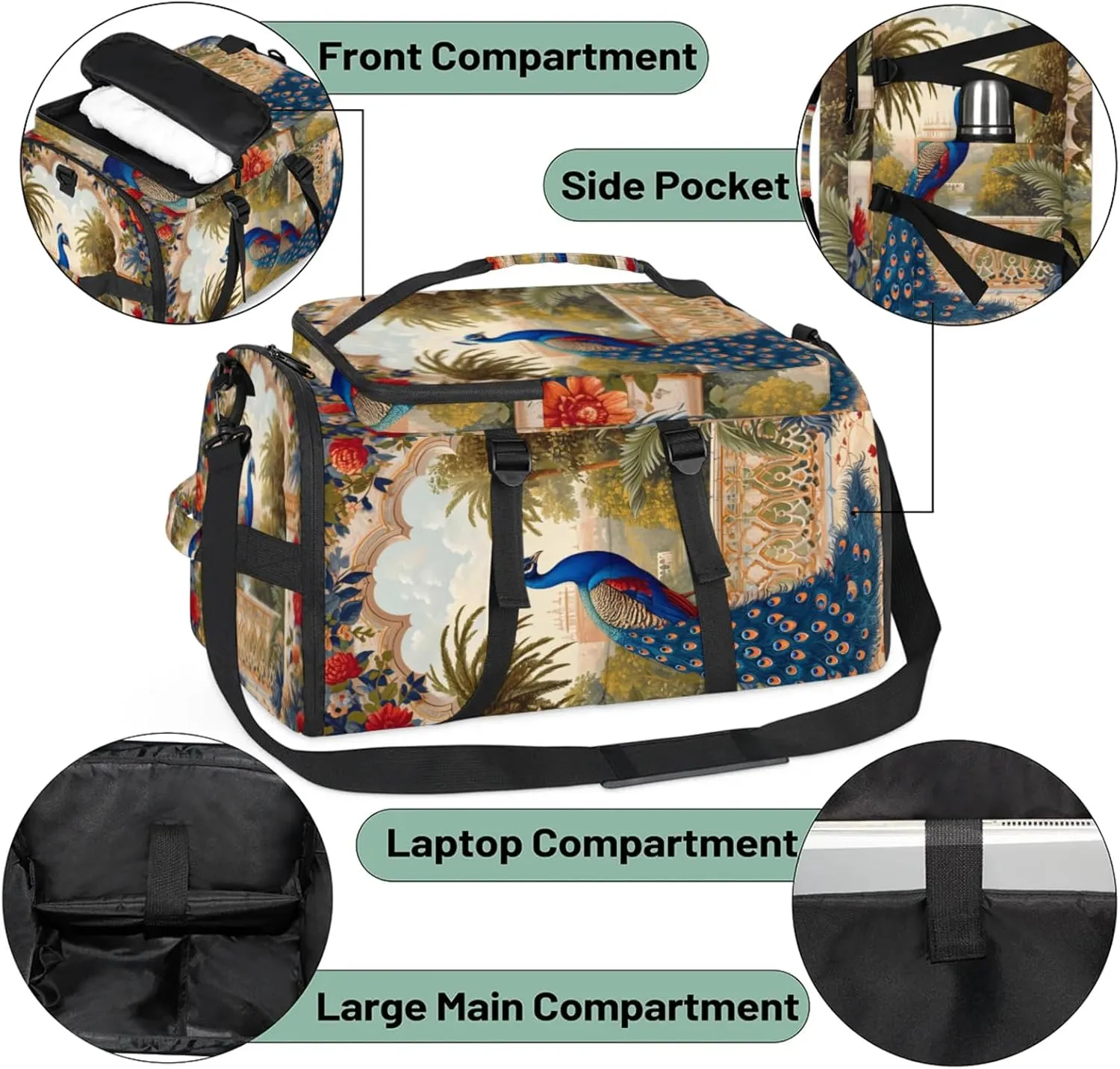 Tactical Sports Duffle Bag for Travel Waterproof Gym Bag with Shoe Compartment 48L Carry On Luggage for Men & Women 3-in-1 Durable Travel Luggage Noble Peacock