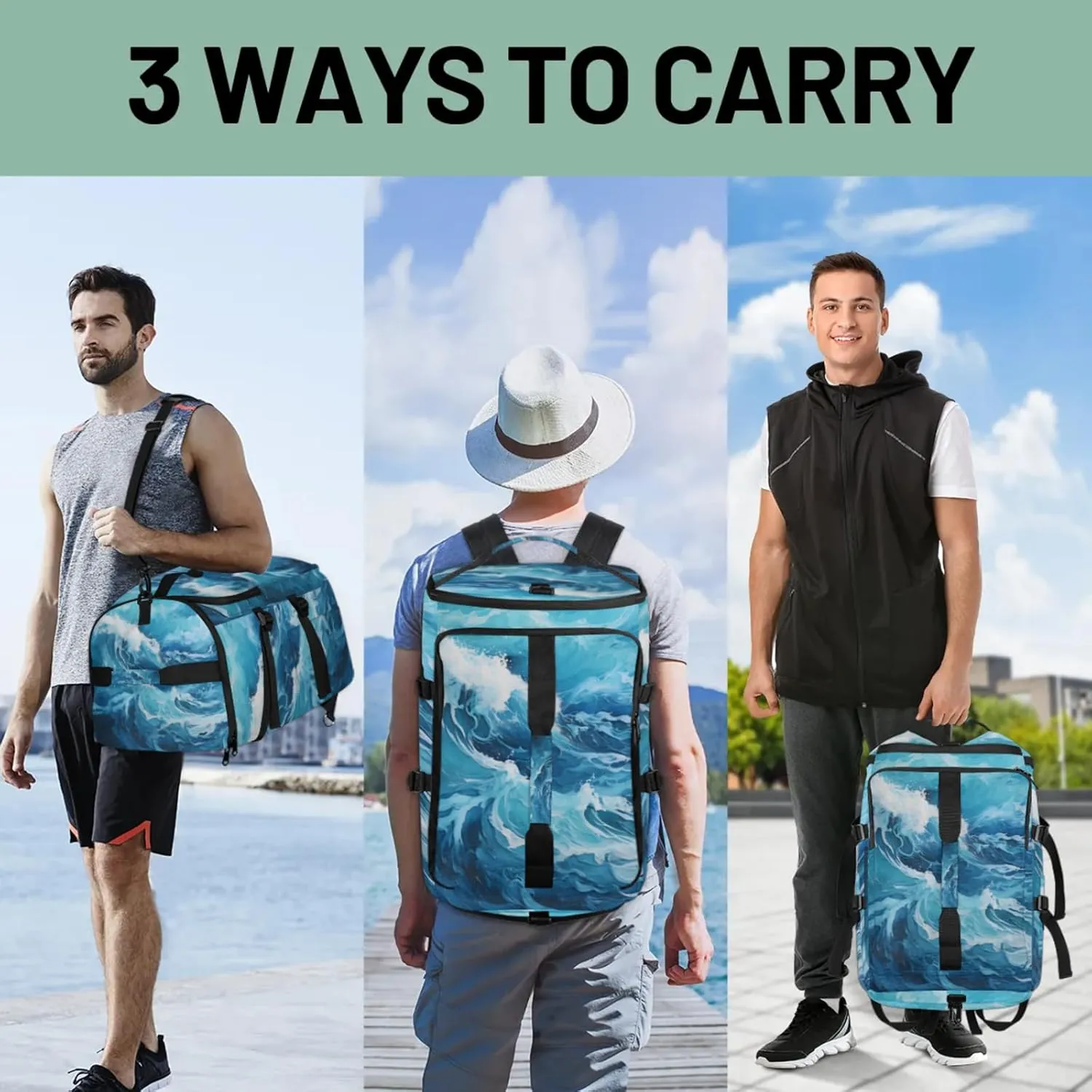 Tactical Sports Duffle Bag for Travel Waterproof Gym Bag with Shoe Compartment 48L Carry On Luggage for Men & Women 3-in-1 Durable Travel Luggage Turbulent Sea Waves