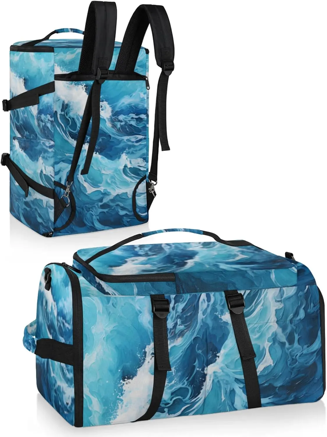 Tactical Sports Duffle Bag for Travel Waterproof Gym Bag with Shoe Compartment 48L Carry On Luggage for Men & Women 3-in-1 Durable Travel Luggage Turbulent Sea Waves
