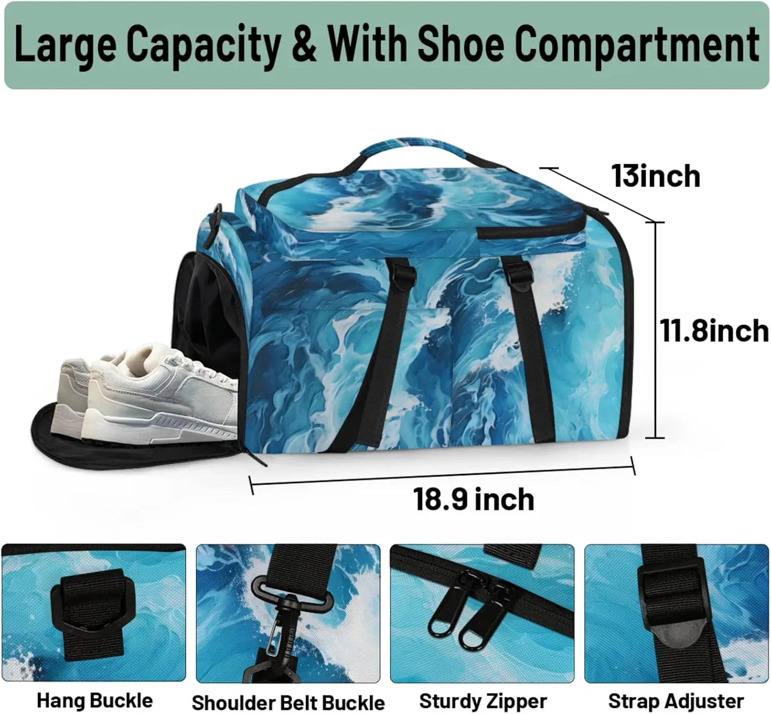 Tactical Sports Duffle Bag for Travel Waterproof Gym Bag with Shoe Compartment 48L Carry On Luggage for Men & Women 3-in-1 Durable Travel Luggage Turbulent Sea Waves