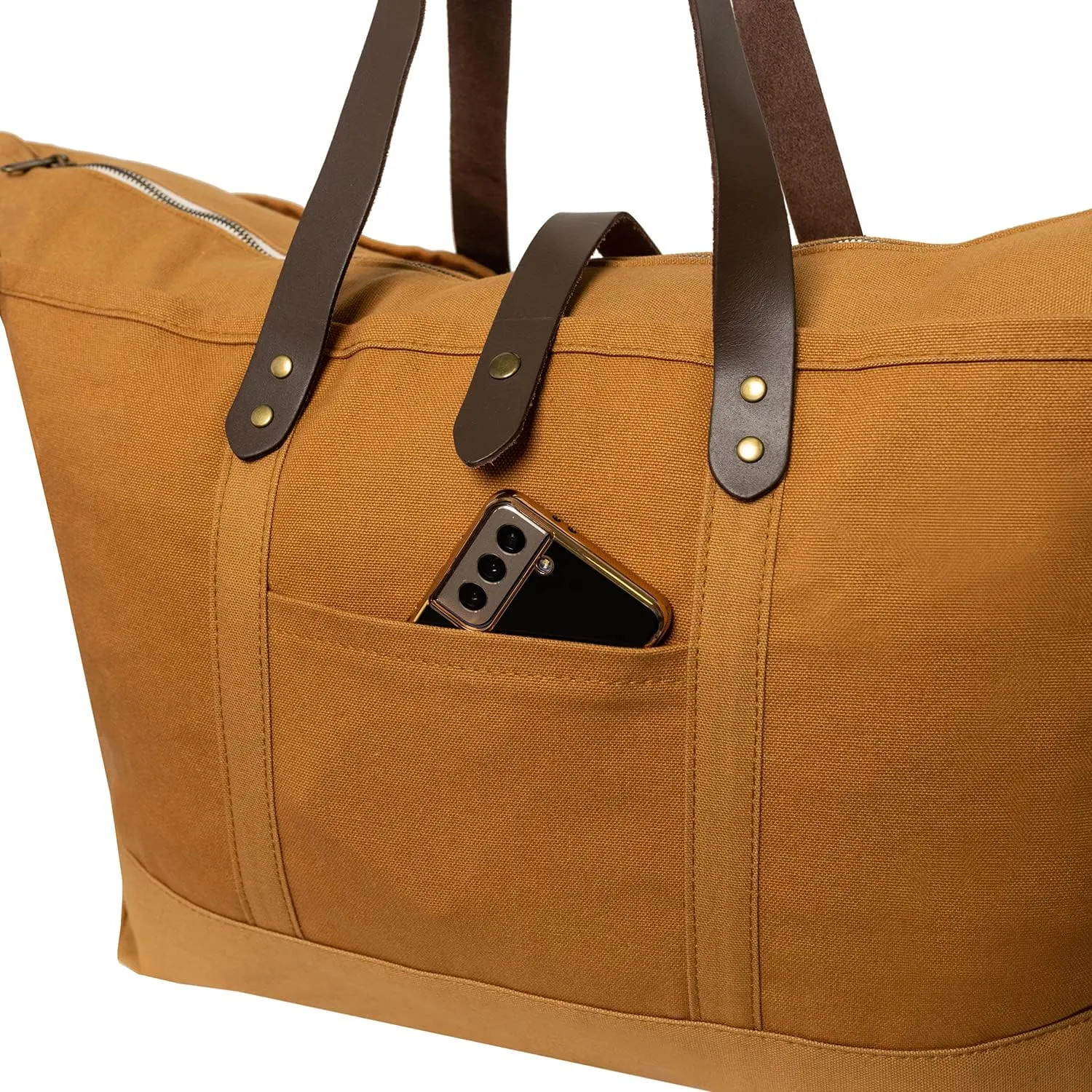 Tag&Crew Luxury Ventura Weekender Canvas Carryon Duffle Bag with Sturdy Handles, Detachable Leather Shoulder Strap, For Overnight Travels, Weekend Picnics, Business Trips, Short Vacations - Khaki