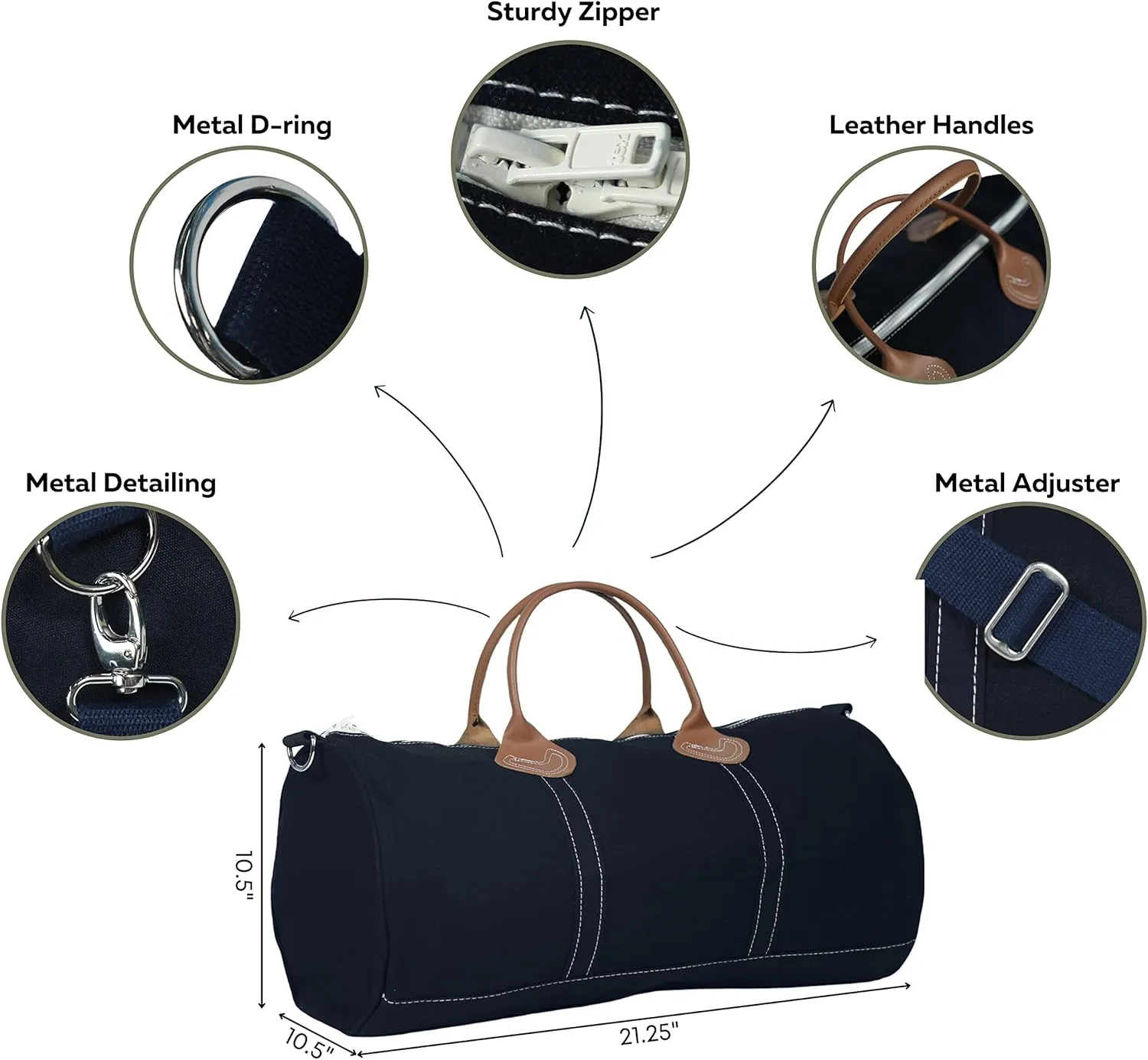 Tag&Crew Solid Round Duffle Unisex Carryon Handbag with Leather Handles Adjustable Shoulder Strap Metal Accessories Sturdy Zippers, Ideal for Gym Lovers Overnight Travels Mini Vacations - Navy