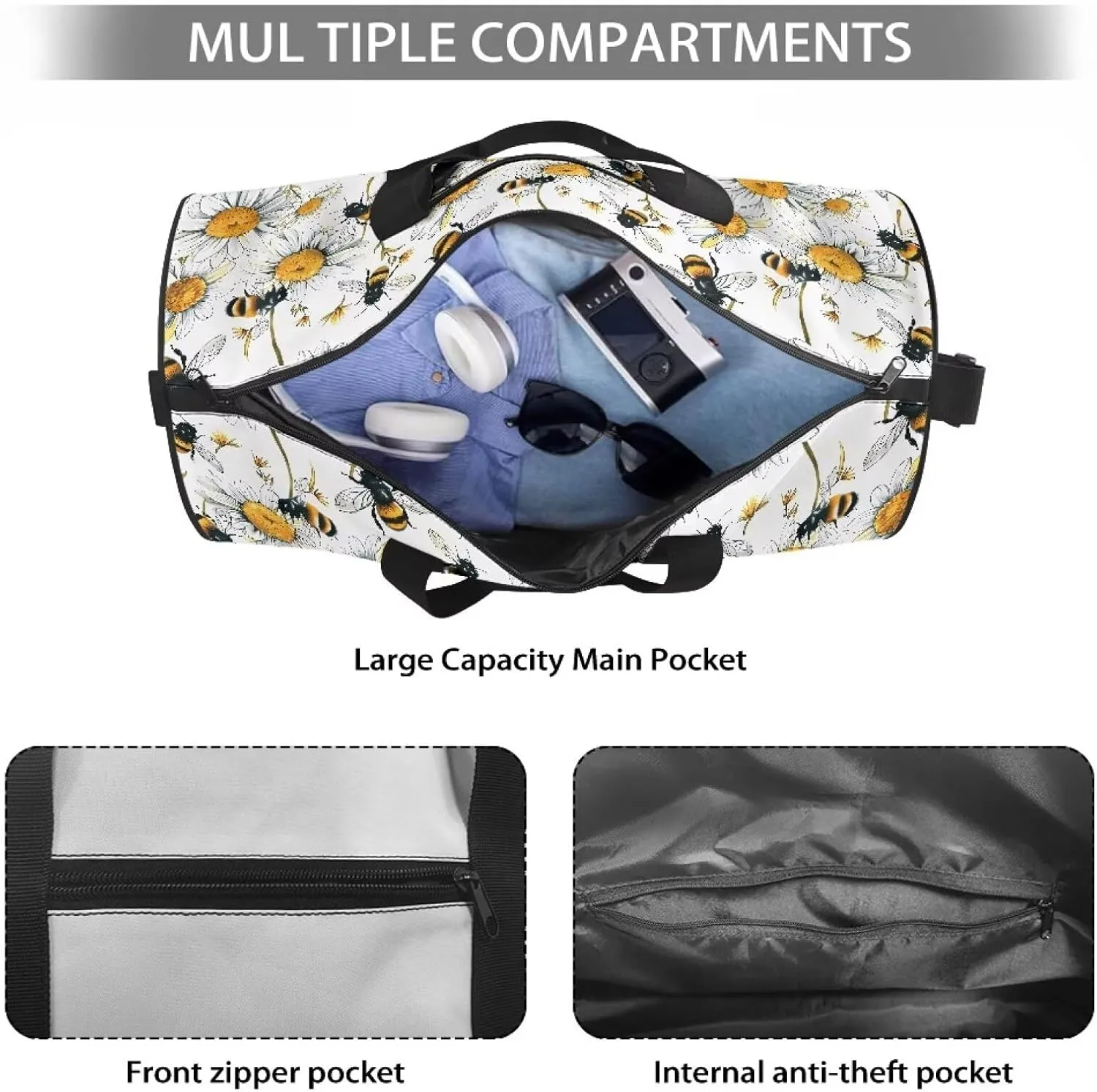 Talayituse Bee Daisy Print Gym Bag for Women Men Sturdy Weekender Bag Waterproof Sports Tote Gym Bag Zipper Overnight Bags Crossbody Bags for Travel Workout