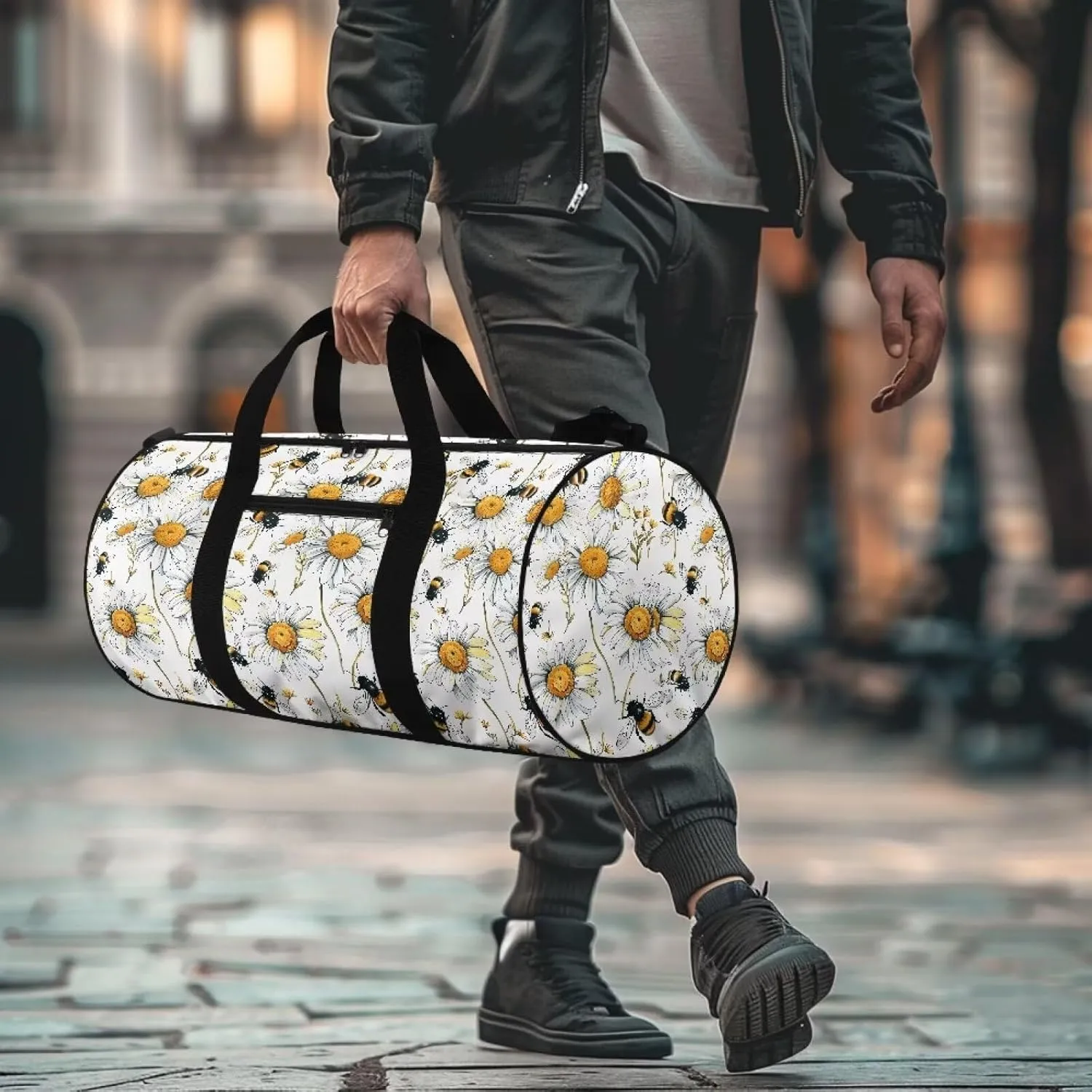 Talayituse Bee Daisy Print Gym Bag for Women Men Sturdy Weekender Bag Waterproof Sports Tote Gym Bag Zipper Overnight Bags Crossbody Bags for Travel Workout