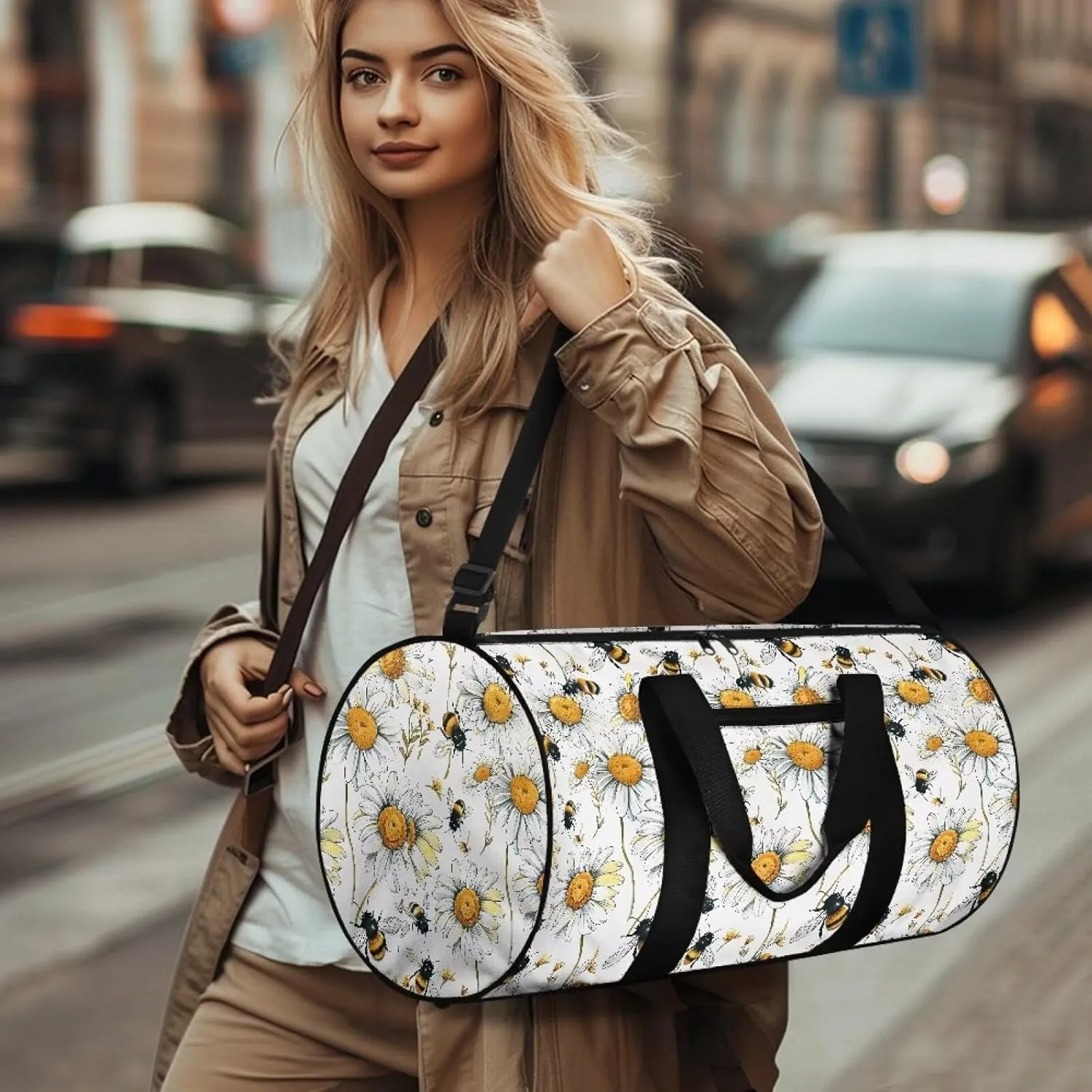 Talayituse Bee Daisy Print Gym Bag for Women Men Sturdy Weekender Bag Waterproof Sports Tote Gym Bag Zipper Overnight Bags Crossbody Bags for Travel Workout