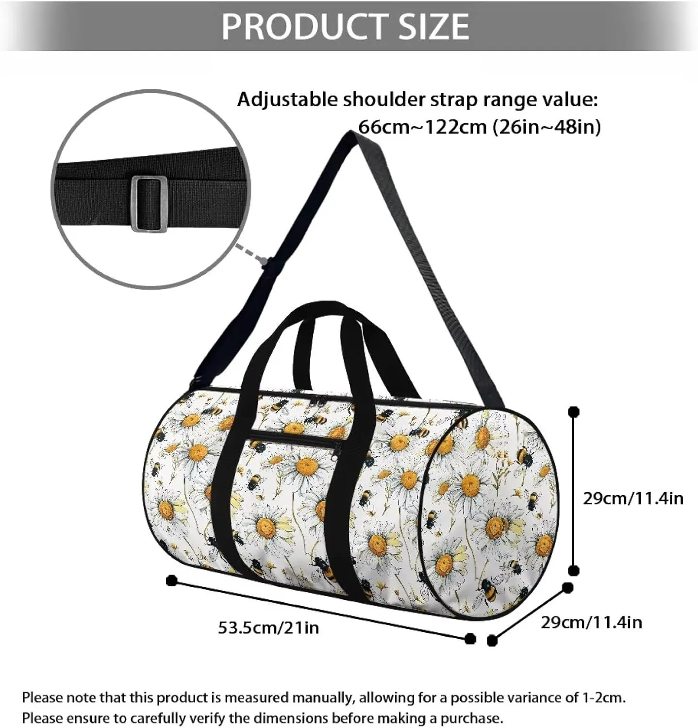 Talayituse Bee Daisy Print Gym Bag for Women Men Sturdy Weekender Bag Waterproof Sports Tote Gym Bag Zipper Overnight Bags Crossbody Bags for Travel Workout