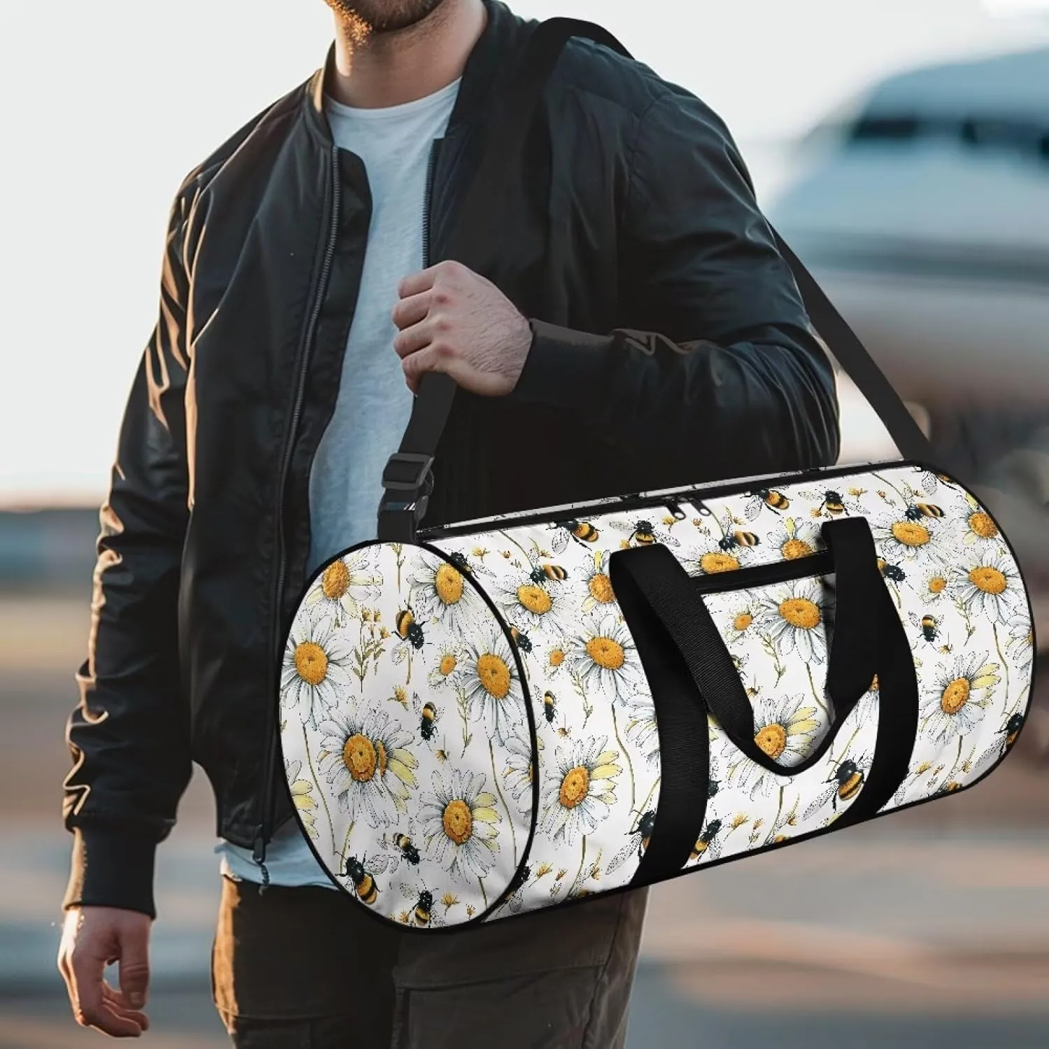 Talayituse Bee Daisy Print Gym Bag for Women Men Sturdy Weekender Bag Waterproof Sports Tote Gym Bag Zipper Overnight Bags Crossbody Bags for Travel Workout