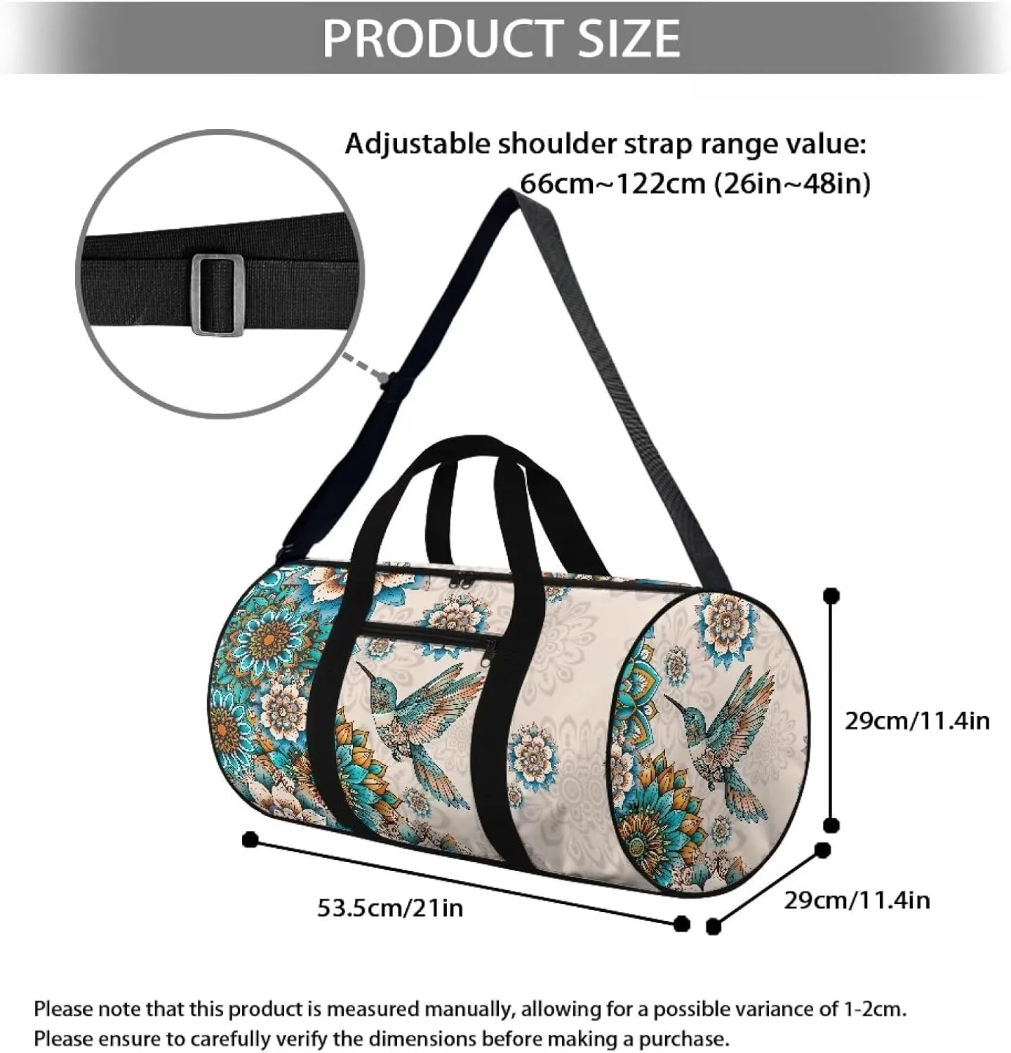 Talayituse Boho Mandala Hummingbird Print Duffel Bag for Women Lightweight Gym Bag Sports Duffel Bag Crossbody Gym Yoga Bag Zipper Overnight Weekender Bag Toiletry Bag for Travel Fitness Workout