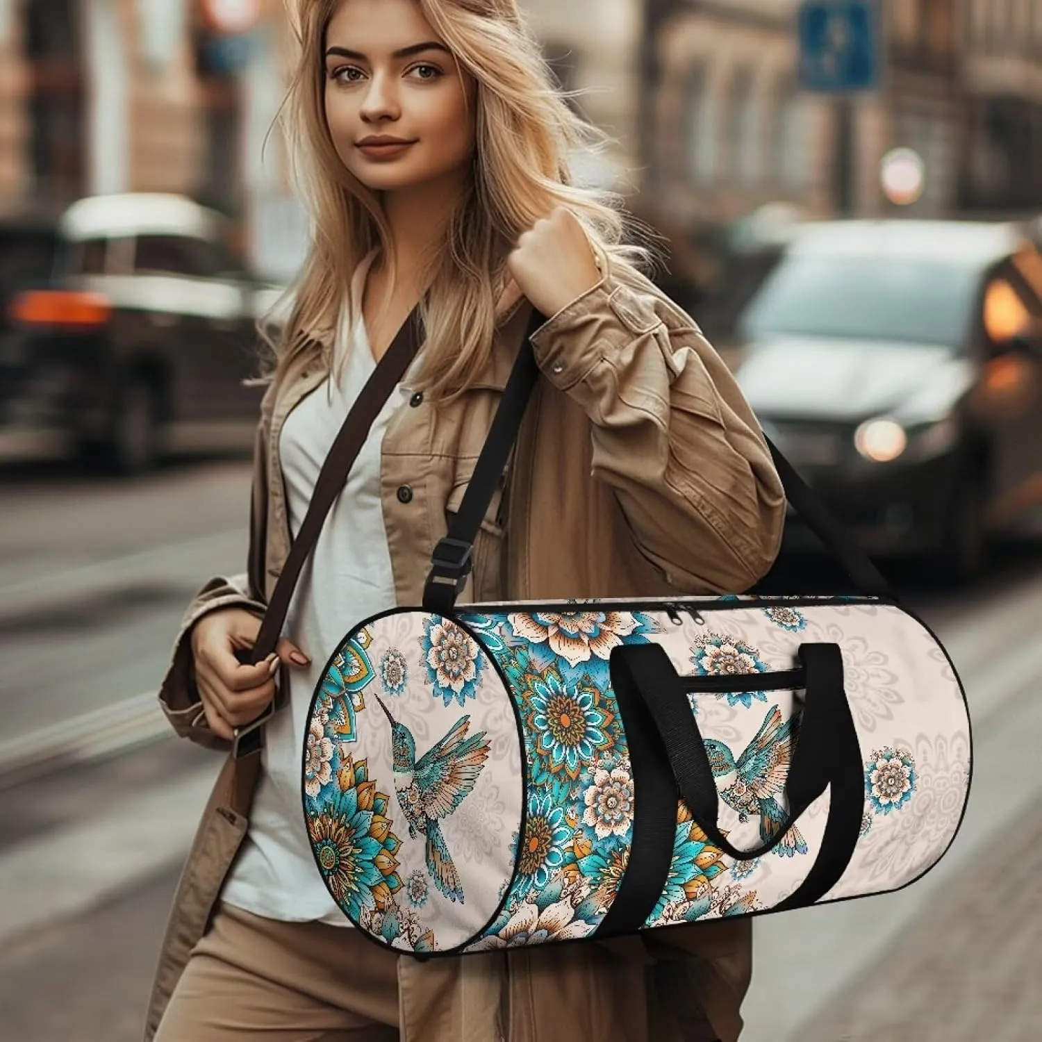 Talayituse Boho Mandala Hummingbird Print Duffel Bag for Women Lightweight Gym Bag Sports Duffel Bag Crossbody Gym Yoga Bag Zipper Overnight Weekender Bag Toiletry Bag for Travel Fitness Workout