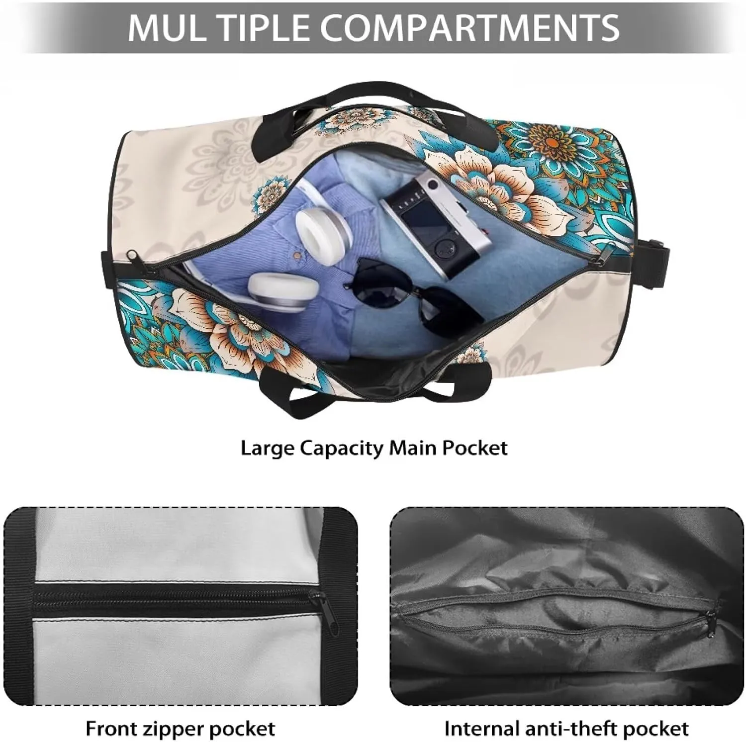 Talayituse Boho Mandala Hummingbird Print Duffel Bag for Women Lightweight Gym Bag Sports Duffel Bag Crossbody Gym Yoga Bag Zipper Overnight Weekender Bag Toiletry Bag for Travel Fitness Workout