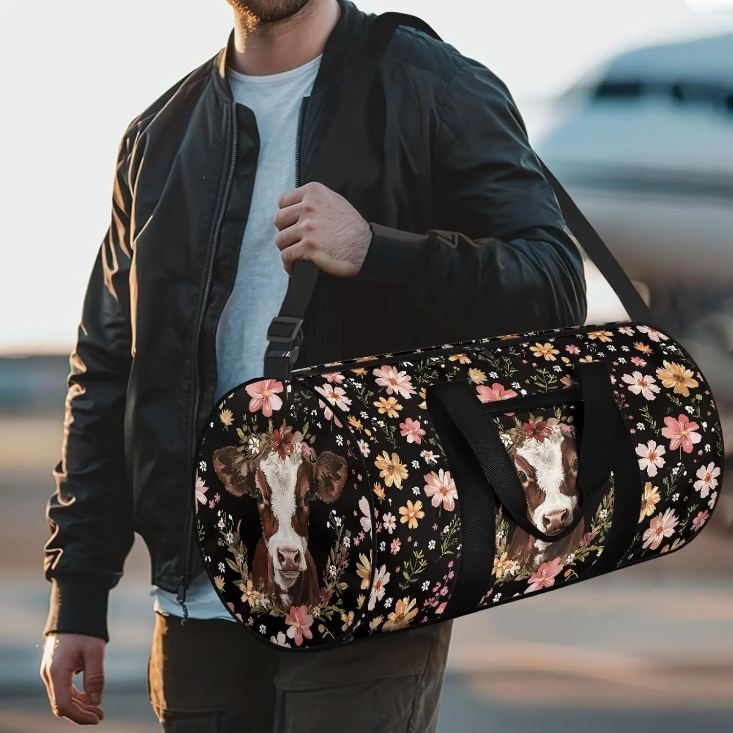 Talayituse Cow Print Gym Bag for Women Men Flower Leaf Pattern Travel Duffel Bag with Front Zipper Pocket Tear Resistant Garment Bag Crossbody Bag Sturdy Workout Bag for Sport Yoga Workout