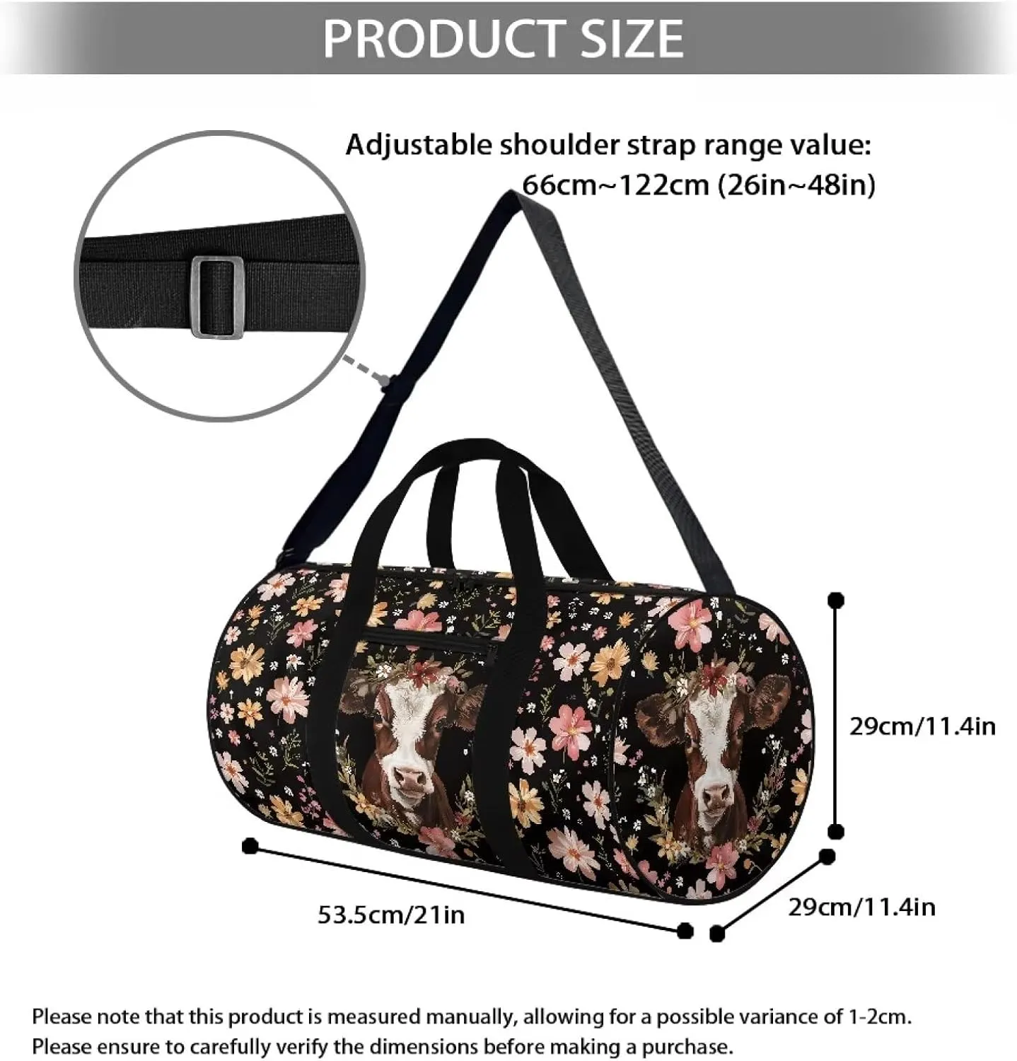 Talayituse Cow Print Gym Bag for Women Men Flower Leaf Pattern Travel Duffel Bag with Front Zipper Pocket Tear Resistant Garment Bag Crossbody Bag Sturdy Workout Bag for Sport Yoga Workout
