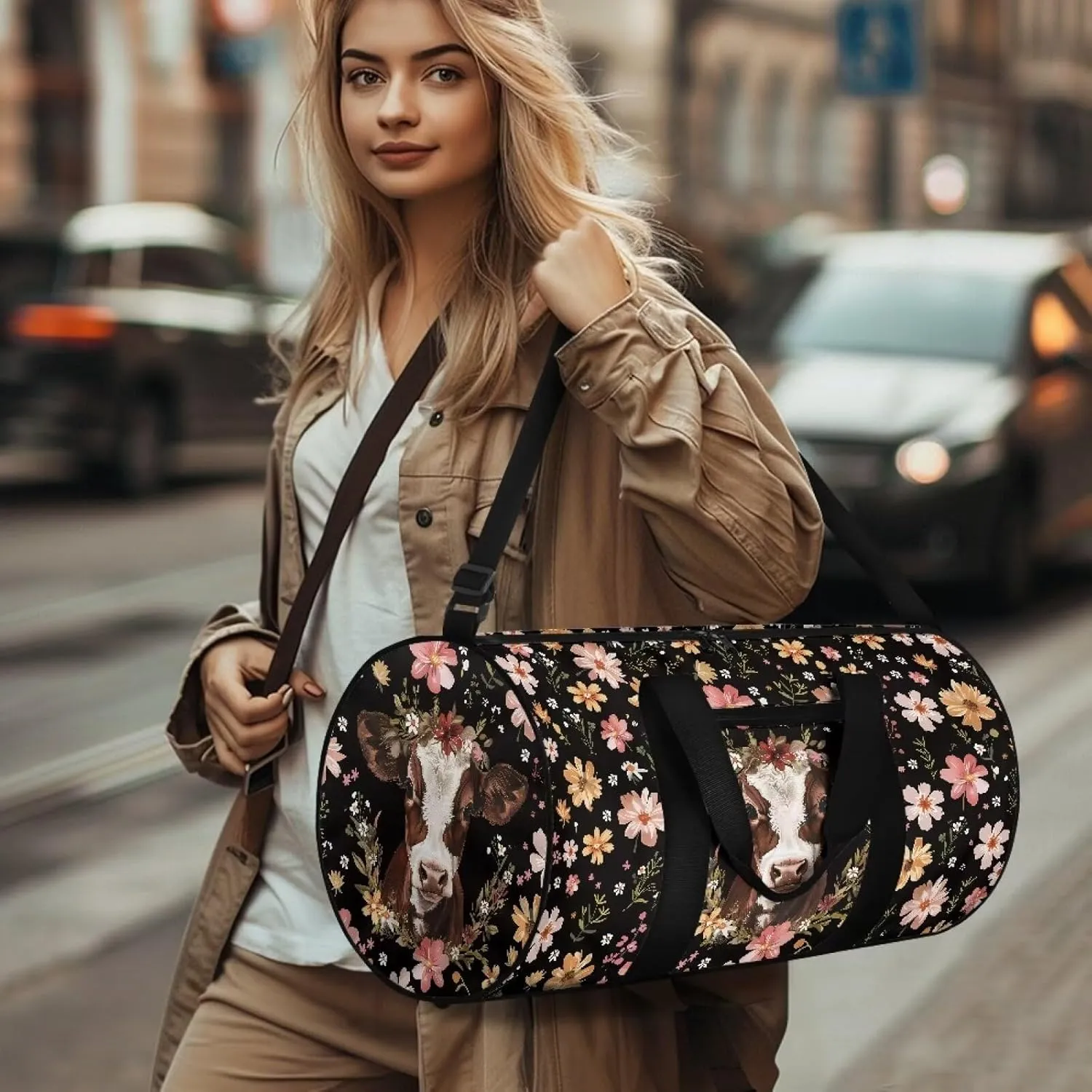 Talayituse Cow Print Gym Bag for Women Men Flower Leaf Pattern Travel Duffel Bag with Front Zipper Pocket Tear Resistant Garment Bag Crossbody Bag Sturdy Workout Bag for Sport Yoga Workout