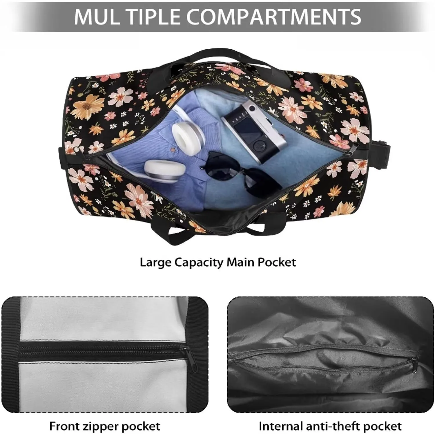 Talayituse Cow Print Gym Bag for Women Men Flower Leaf Pattern Travel Duffel Bag with Front Zipper Pocket Tear Resistant Garment Bag Crossbody Bag Sturdy Workout Bag for Sport Yoga Workout