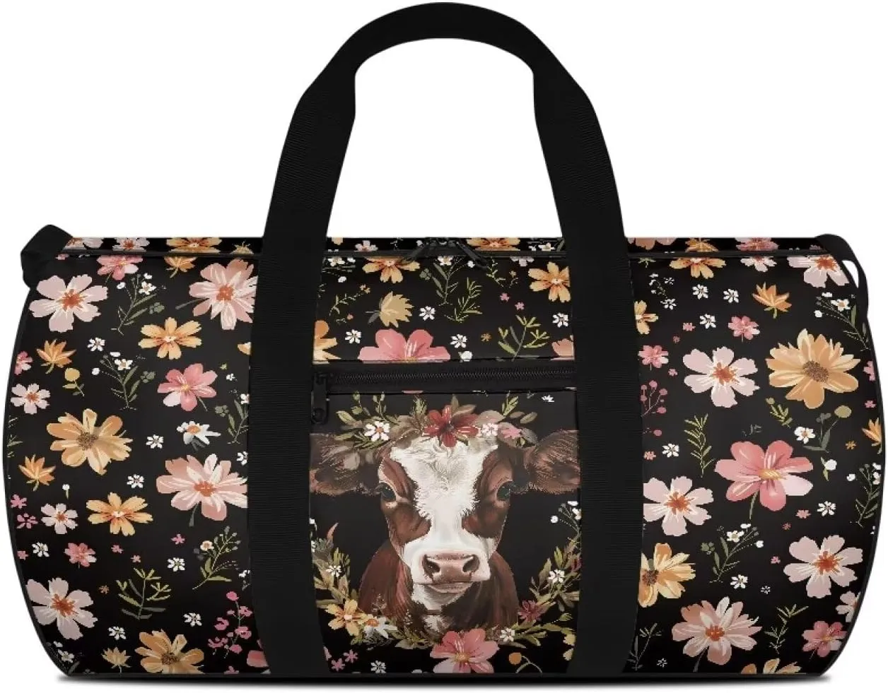 Talayituse Cow Print Gym Bag for Women Men Flower Leaf Pattern Travel Duffel Bag with Front Zipper Pocket Tear Resistant Garment Bag Crossbody Bag Sturdy Workout Bag for Sport Yoga Workout