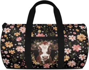 Talayituse Cow Print Gym Bag for Women Men Flower Leaf Pattern Travel Duffel Bag with Front Zipper Pocket Tear Resistant Garment Bag Crossbody Bag Sturdy Workout Bag for Sport Yoga Workout