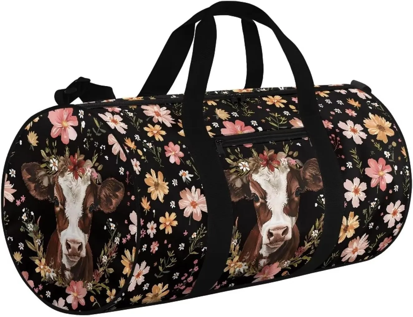 Talayituse Cow Print Gym Bag for Women Men Flower Leaf Pattern Travel Duffel Bag with Front Zipper Pocket Tear Resistant Garment Bag Crossbody Bag Sturdy Workout Bag for Sport Yoga Workout