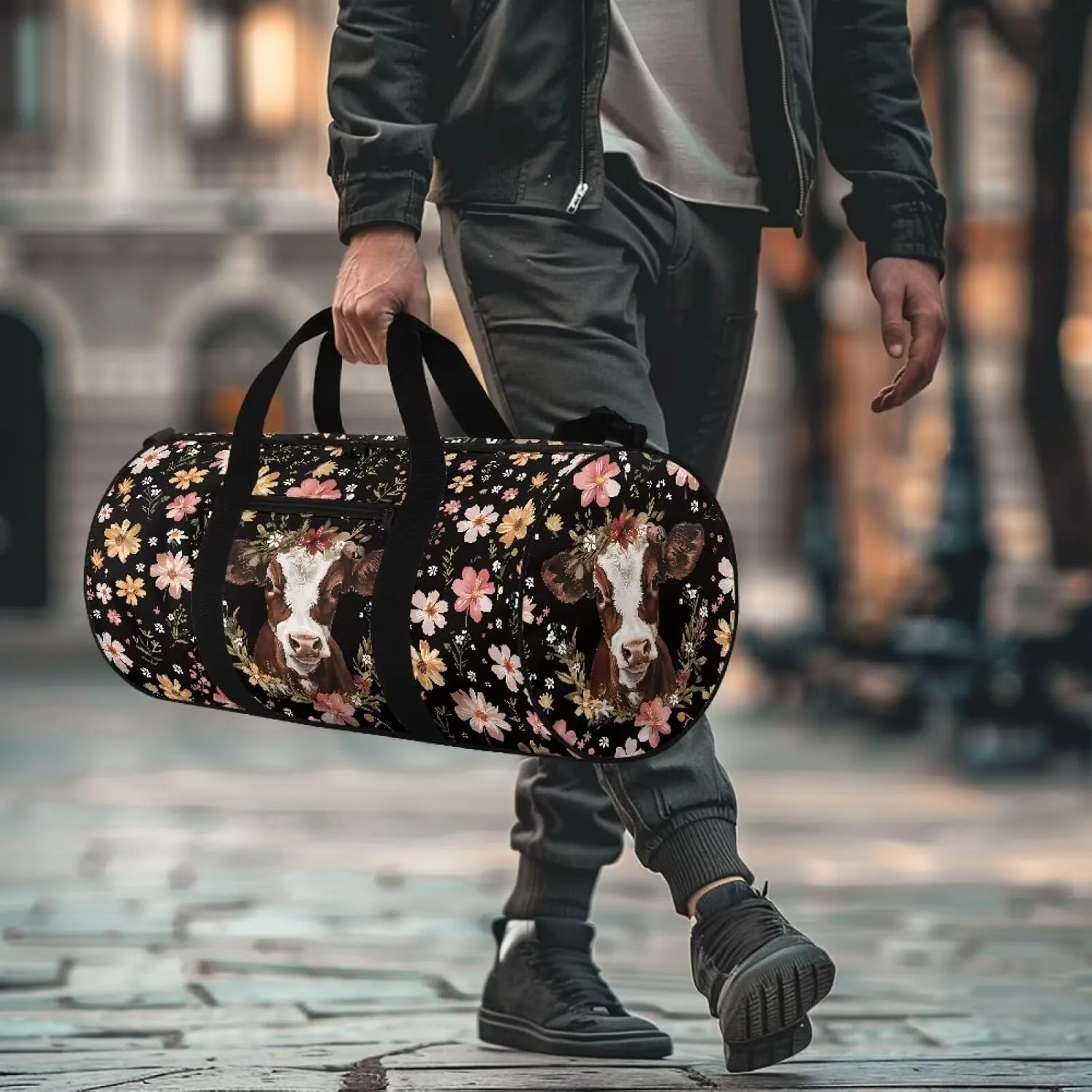 Talayituse Cow Print Gym Bag for Women Men Flower Leaf Pattern Travel Duffel Bag with Front Zipper Pocket Tear Resistant Garment Bag Crossbody Bag Sturdy Workout Bag for Sport Yoga Workout