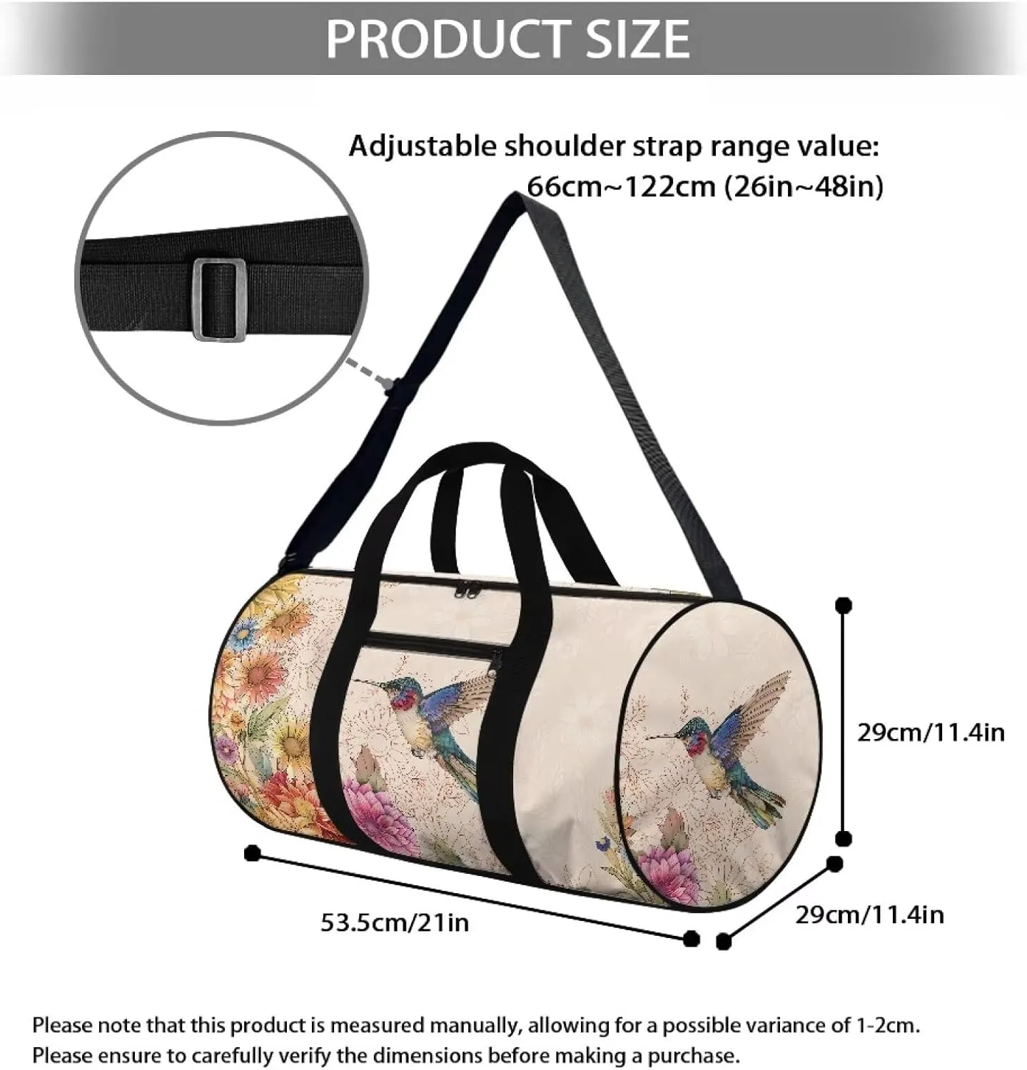 Talayituse Hummingbird Daisy Mandala Print Duffel Bag for Women Waterproof Gym Bag Large Capacity Travel Duffel Bag with Front Zipper Pocket Overnight Crossbody Bag with Adjustable Shoulder Strap