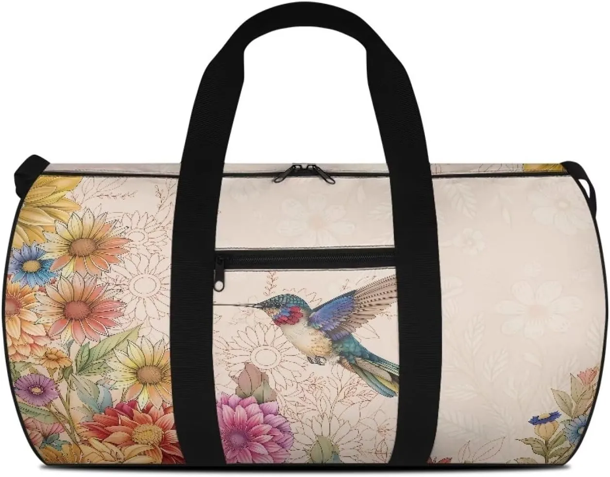 Talayituse Hummingbird Daisy Mandala Print Duffel Bag for Women Waterproof Gym Bag Large Capacity Travel Duffel Bag with Front Zipper Pocket Overnight Crossbody Bag with Adjustable Shoulder Strap