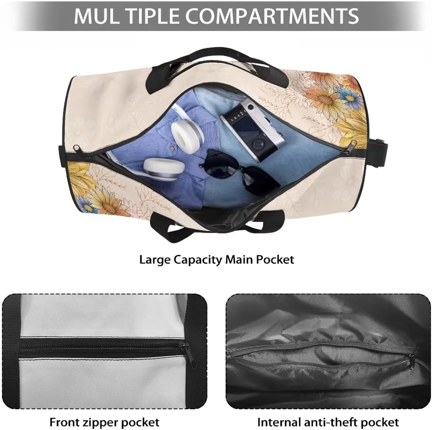 Talayituse Hummingbird Daisy Mandala Print Duffel Bag for Women Waterproof Gym Bag Large Capacity Travel Duffel Bag with Front Zipper Pocket Overnight Crossbody Bag with Adjustable Shoulder Strap
