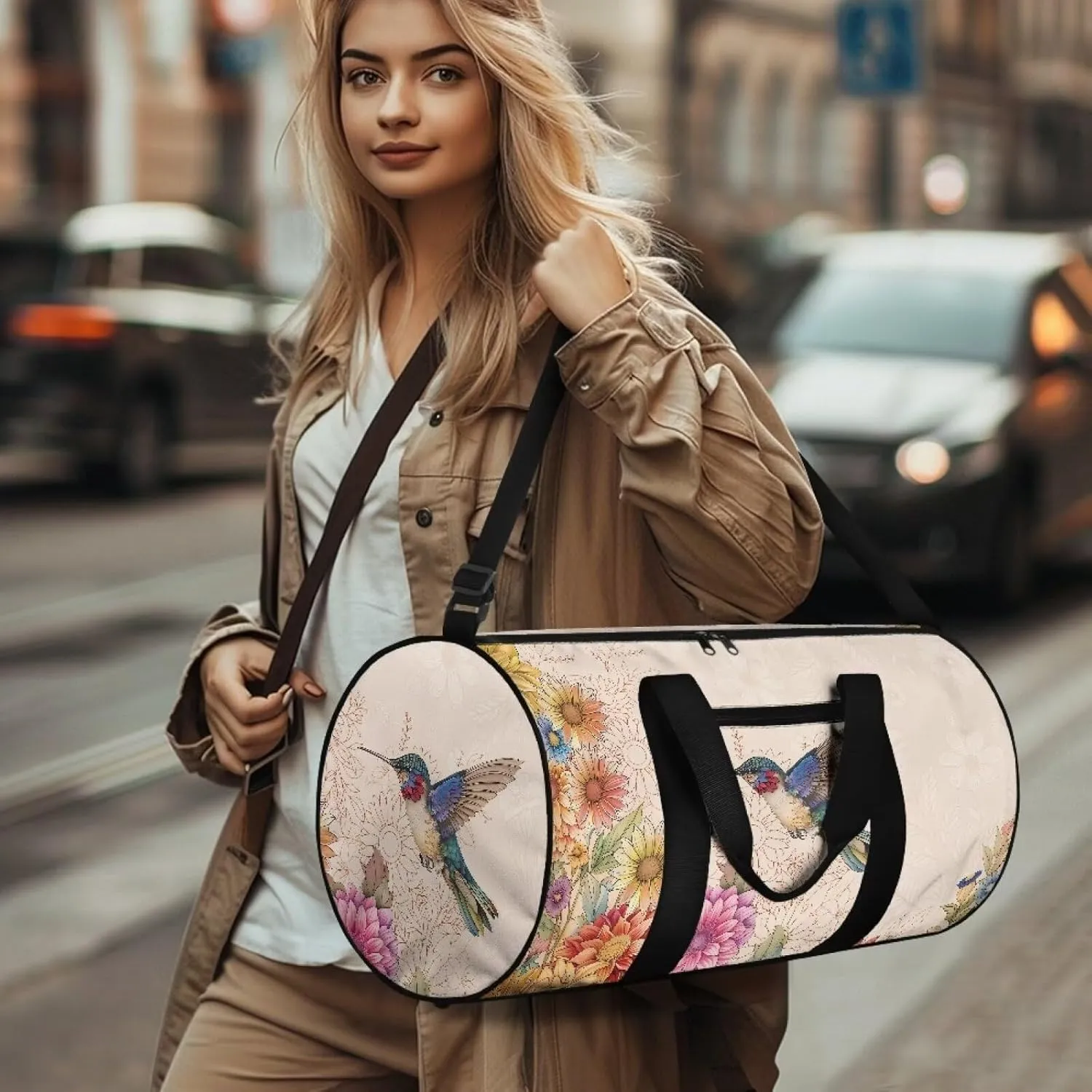 Talayituse Hummingbird Daisy Mandala Print Duffel Bag for Women Waterproof Gym Bag Large Capacity Travel Duffel Bag with Front Zipper Pocket Overnight Crossbody Bag with Adjustable Shoulder Strap