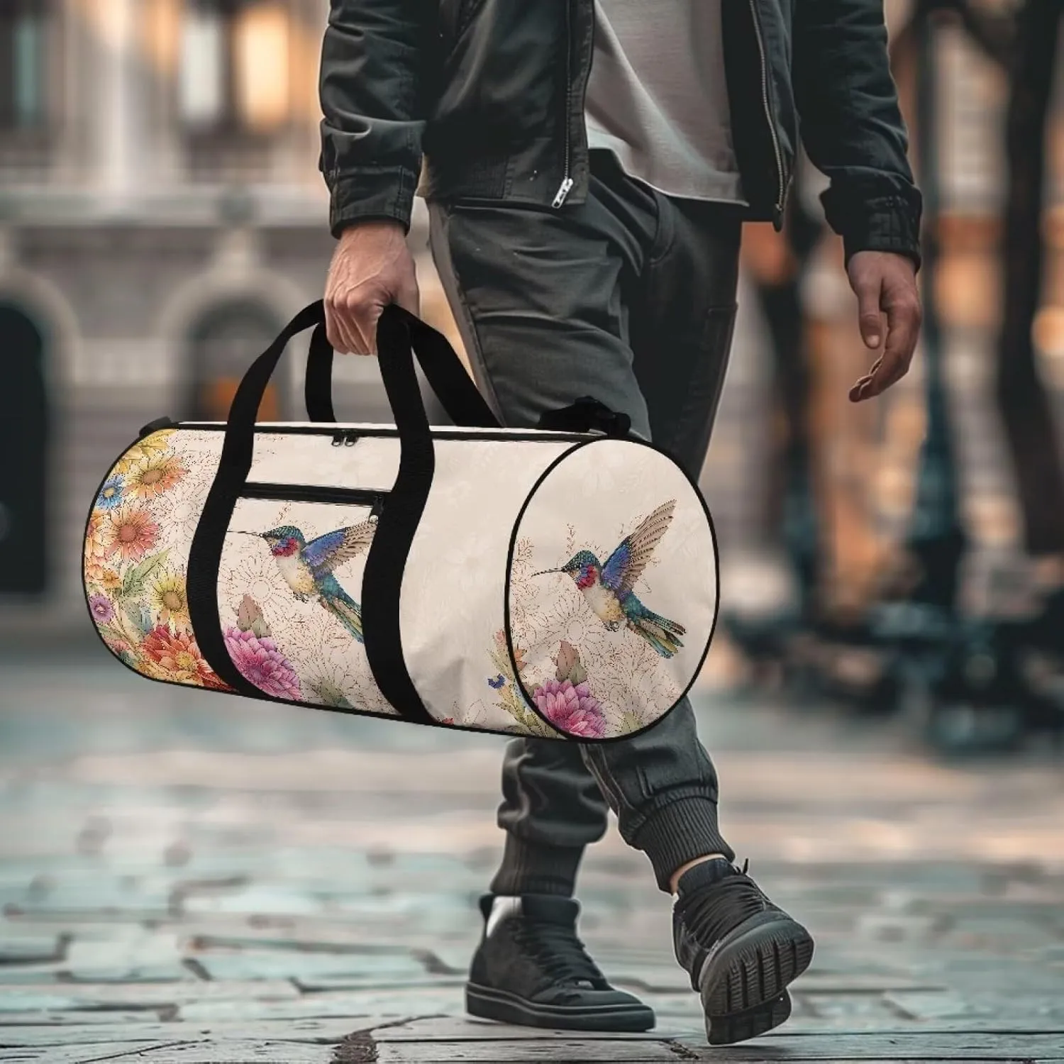 Talayituse Hummingbird Daisy Mandala Print Duffel Bag for Women Waterproof Gym Bag Large Capacity Travel Duffel Bag with Front Zipper Pocket Overnight Crossbody Bag with Adjustable Shoulder Strap