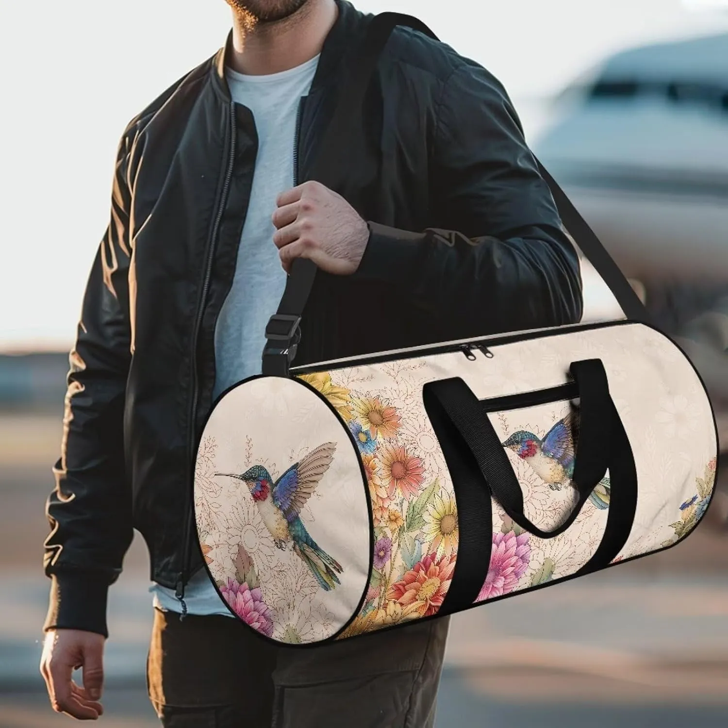 Talayituse Hummingbird Daisy Mandala Print Duffel Bag for Women Waterproof Gym Bag Large Capacity Travel Duffel Bag with Front Zipper Pocket Overnight Crossbody Bag with Adjustable Shoulder Strap