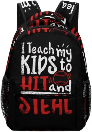 Teach Kids to Hit And Steal Baseball Casual Daypack Backpack Laptop Bag Cute Unisex for Travel Business Work