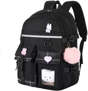 Teenage girls Backpacks15.6 Inch Cute School Bag Elementary Middle High School College Backpack Girls School Large Capacity Waterproof Backpacks, Cute Black Fashion Backpacks Travel Backpack(Black)…