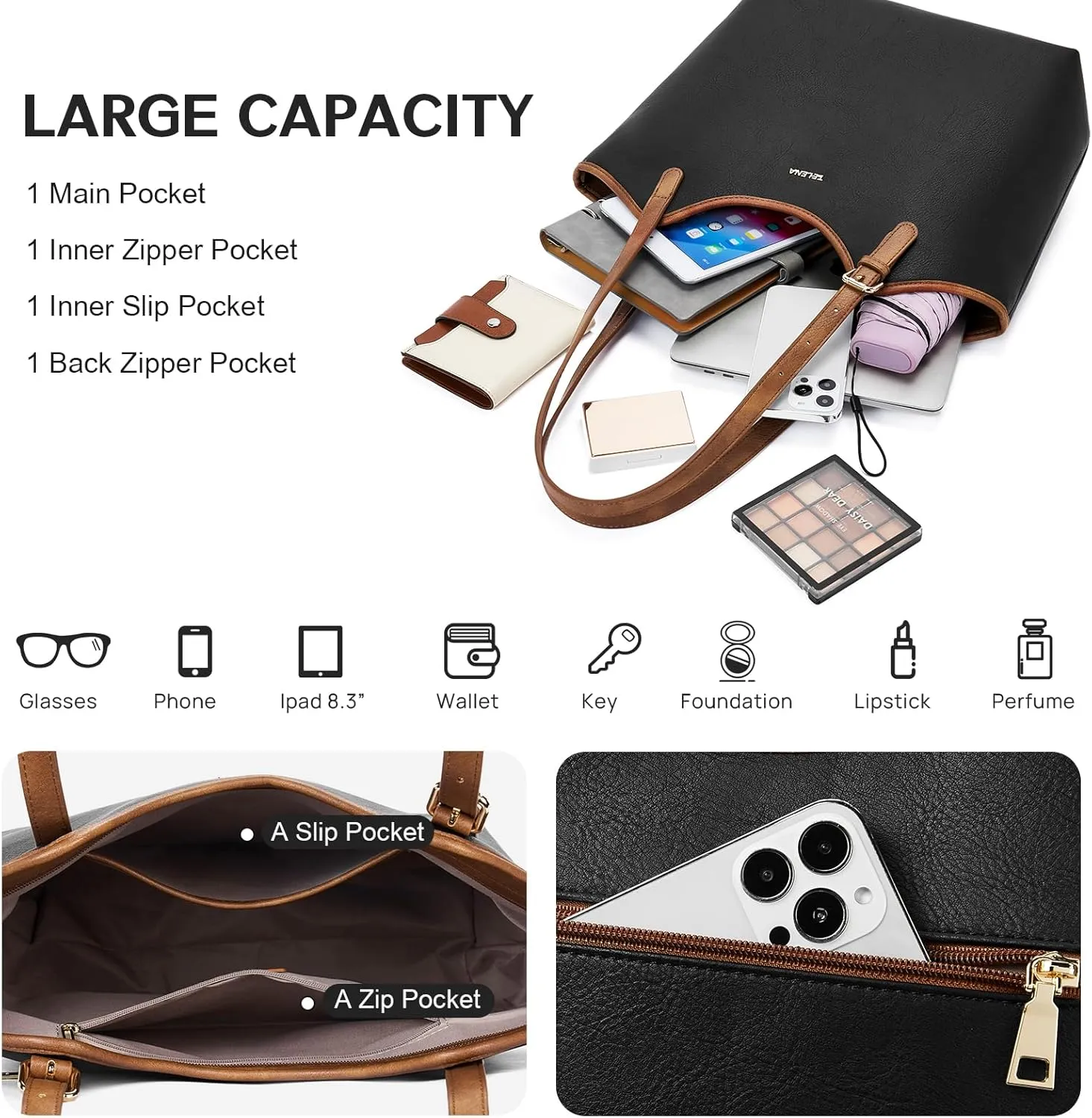 Telena Leather Tote Bag for Women Waterproof Woven Womens Tote Purse and Handbags for Work Travel Shopping