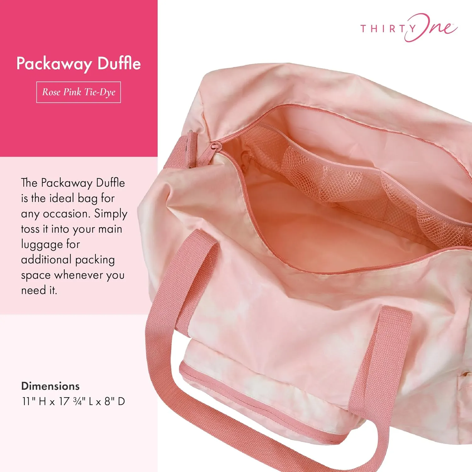 THIRTY-ONE Gifts Packaway Duffle Bag, Foldable Travel Bag for Gym Essentials and Weekend or Overnight Trips