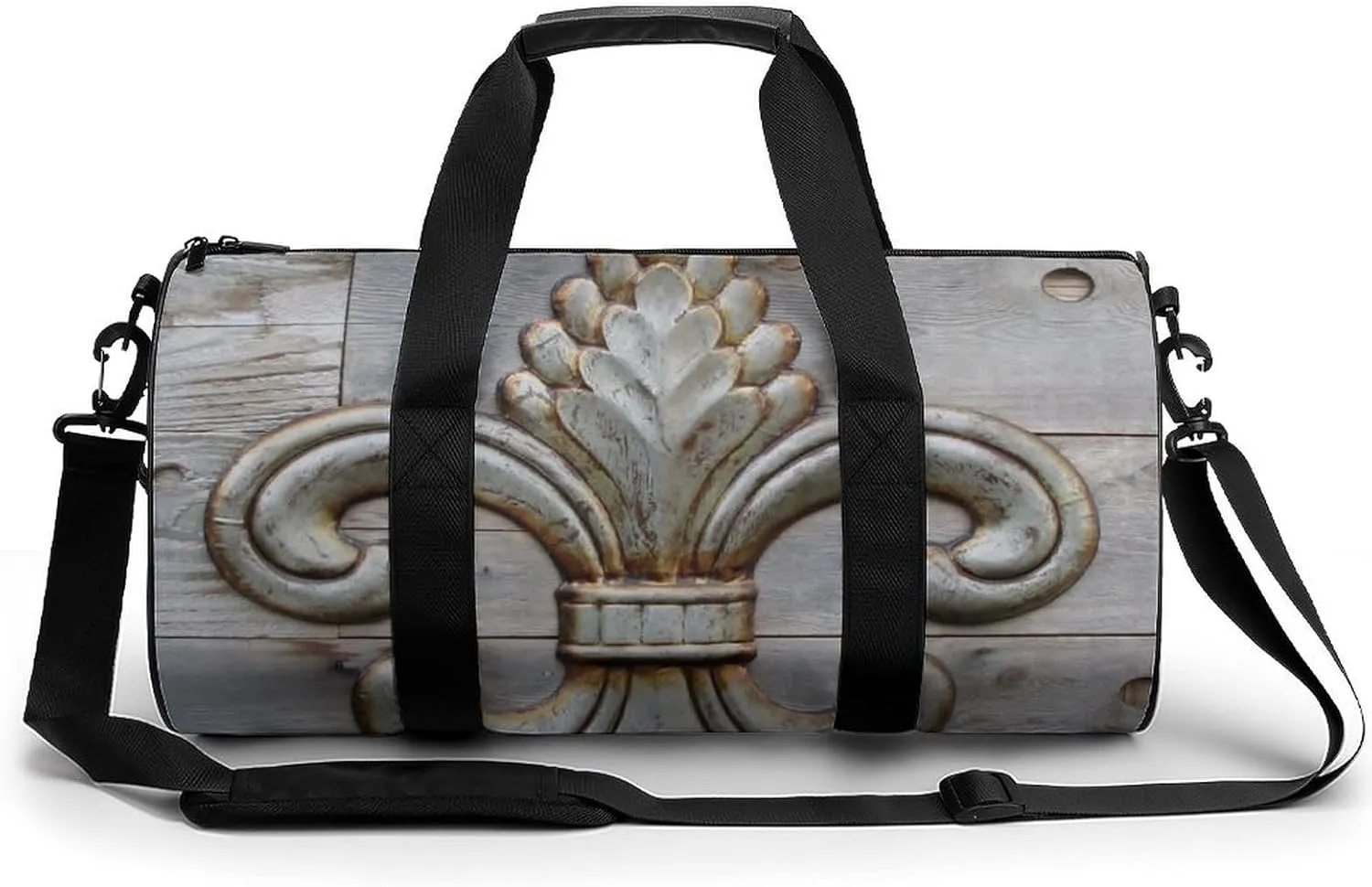 Tin Fleur-de-lis Detail Cylindrical Gym Duffle Bag Foldable Weekender Bags Lightweight Travel Handbag