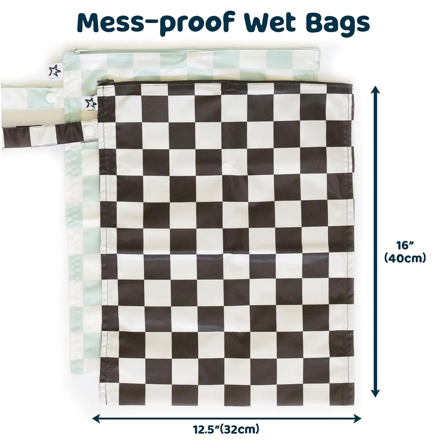 Tiny Twinkle Mess-proof Waterproof Wet Dry Bag | 2 Pack Reusable for Swimsuits, Gym & Baby Clothes | Leakproof Wet Clothes Bag, Beach Travel Essentials (Black, Green Checkers)