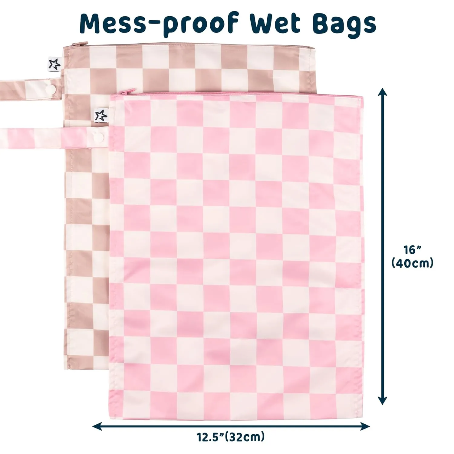 Tiny Twinkle Mess-proof Waterproof Wet Dry Bag | 2 Pack Reusable for Swimsuits, Gym & Baby Clothes | Leakproof Wet Clothes Bag, Beach Travel Essentials (Pink, Brown Checkers)