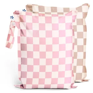 Tiny Twinkle Mess-proof Waterproof Wet Dry Bag | 2 Pack Reusable for Swimsuits, Gym & Baby Clothes | Leakproof Wet Clothes Bag, Beach Travel Essentials (Pink, Brown Checkers)