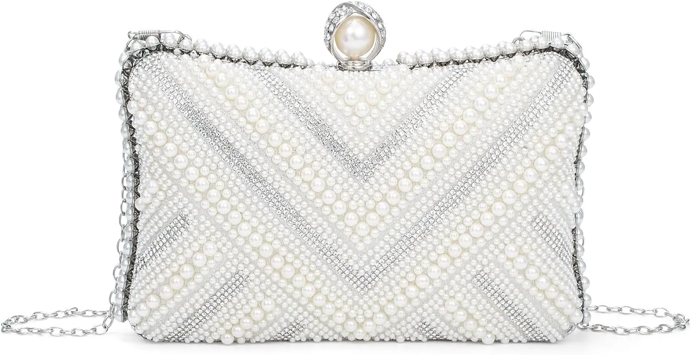 Tmore Pearl Clutch Purse Women's Evening Handbags Luxury Beaded Bride Purse with Chain for Wedding Prom Cocktail Party