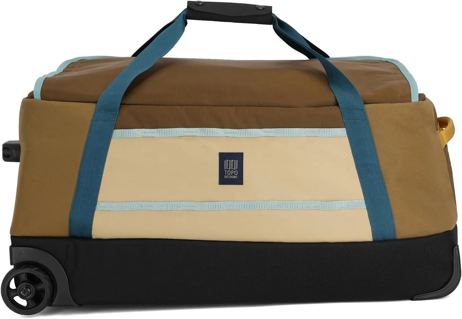 Topo Designs Mountain Duffel Roller 90L, Telescoping Handle, Crushproof Wheels, External Stabilizer Bar   Panel Rails, Matte PVC Liner, Bluesign Approved (Desert Palm/Sahara)