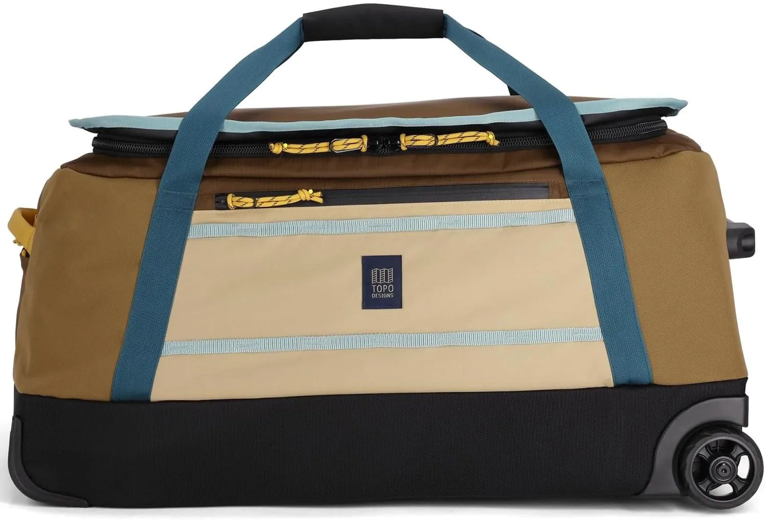 Topo Designs Mountain Duffel Roller 90L, Telescoping Handle, Crushproof Wheels, External Stabilizer Bar   Panel Rails, Matte PVC Liner, Bluesign Approved (Desert Palm/Sahara)