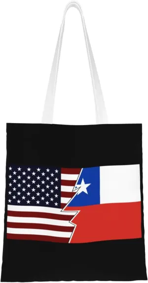 Torn Style Us And Chile Flags Tote Bag for Women Canvas Shopping Bags Reusable Large Capacity Casual Shoulder Handbags Grocery Bags DIY Gift Bags