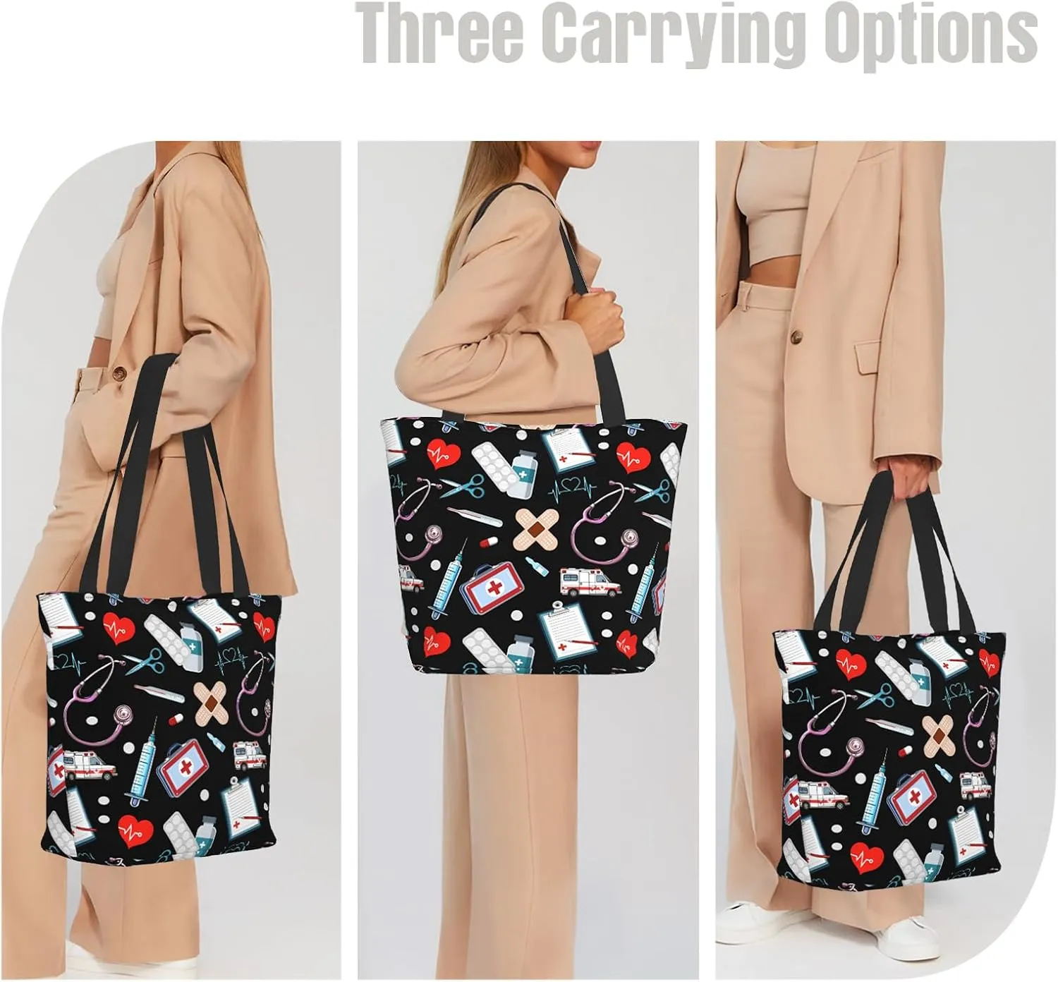 Tote Bag for Women Large Shoulder Bag with Zipper Pockets Stylish Print Handbags for Work Travel Shopping