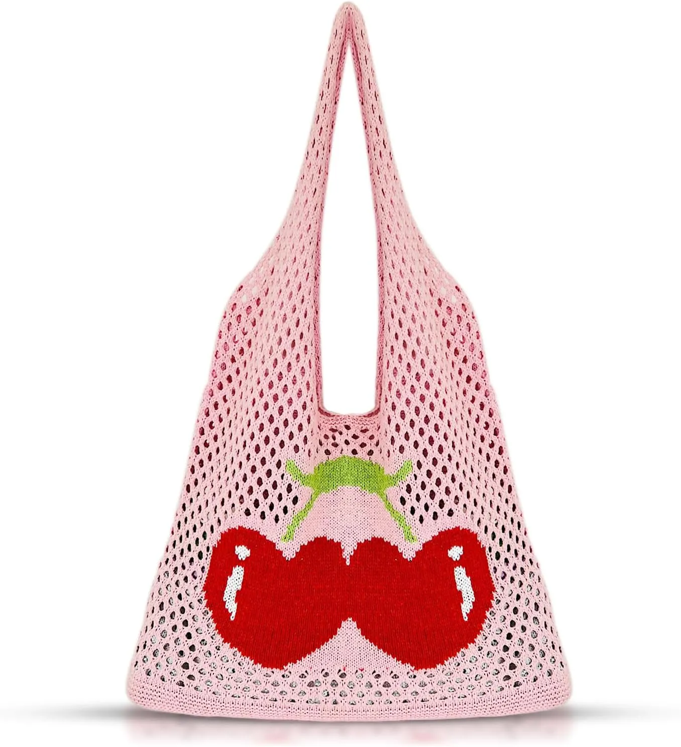 Tote Bag for Women, Pink Knitting Shoulder Bag, Cute Cherry Soft Handbags, Large Capacity Travel Bag for Vacation, Daily Matching