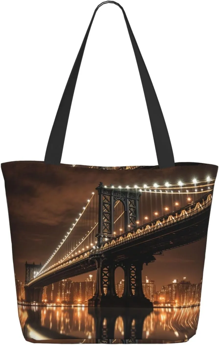 Tote Bag for Women Purse and Handbags Tote Shoulder Shopping Bag New York Manhattan Bridge Night Messenger Bag