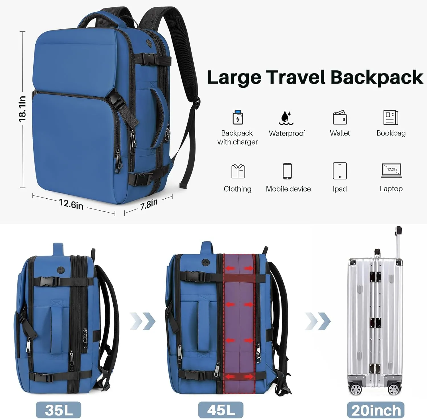 Travel Backpack Carry On Flight Approved, Lightweight Large Travel Backpack, Expandable with USB Charging Hole, Waterproof Causal Bookbag for Travel Work College Fits 17inch Laptop, Blue