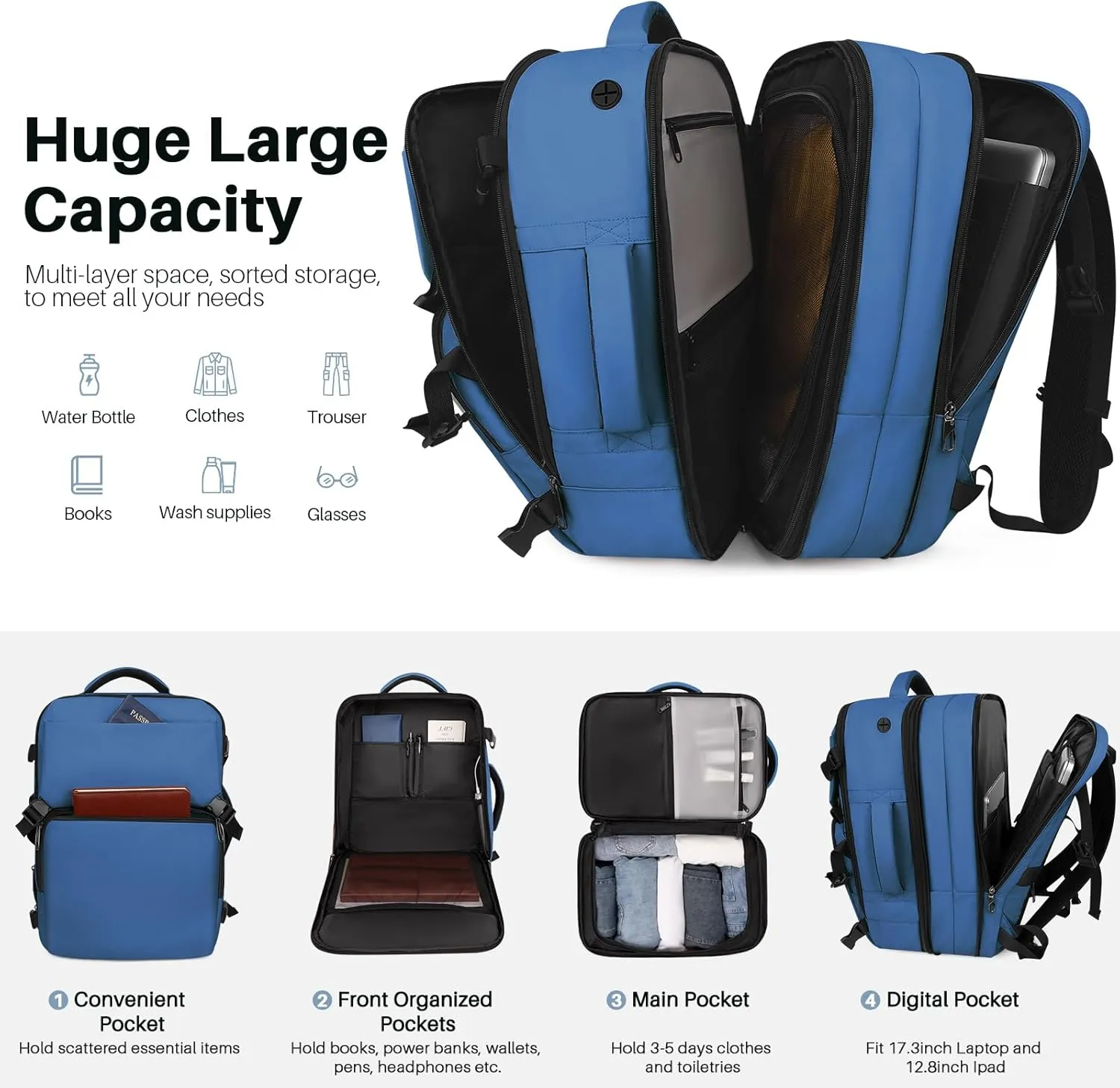 Travel Backpack Carry On Flight Approved, Lightweight Large Travel Backpack, Expandable with USB Charging Hole, Waterproof Causal Bookbag for Travel Work College Fits 17inch Laptop, Blue