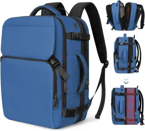 Travel Backpack Carry On Flight Approved, Lightweight Large Travel Backpack, Expandable with USB Charging Hole, Waterproof Causal Bookbag for Travel Work College Fits 17inch Laptop, Blue