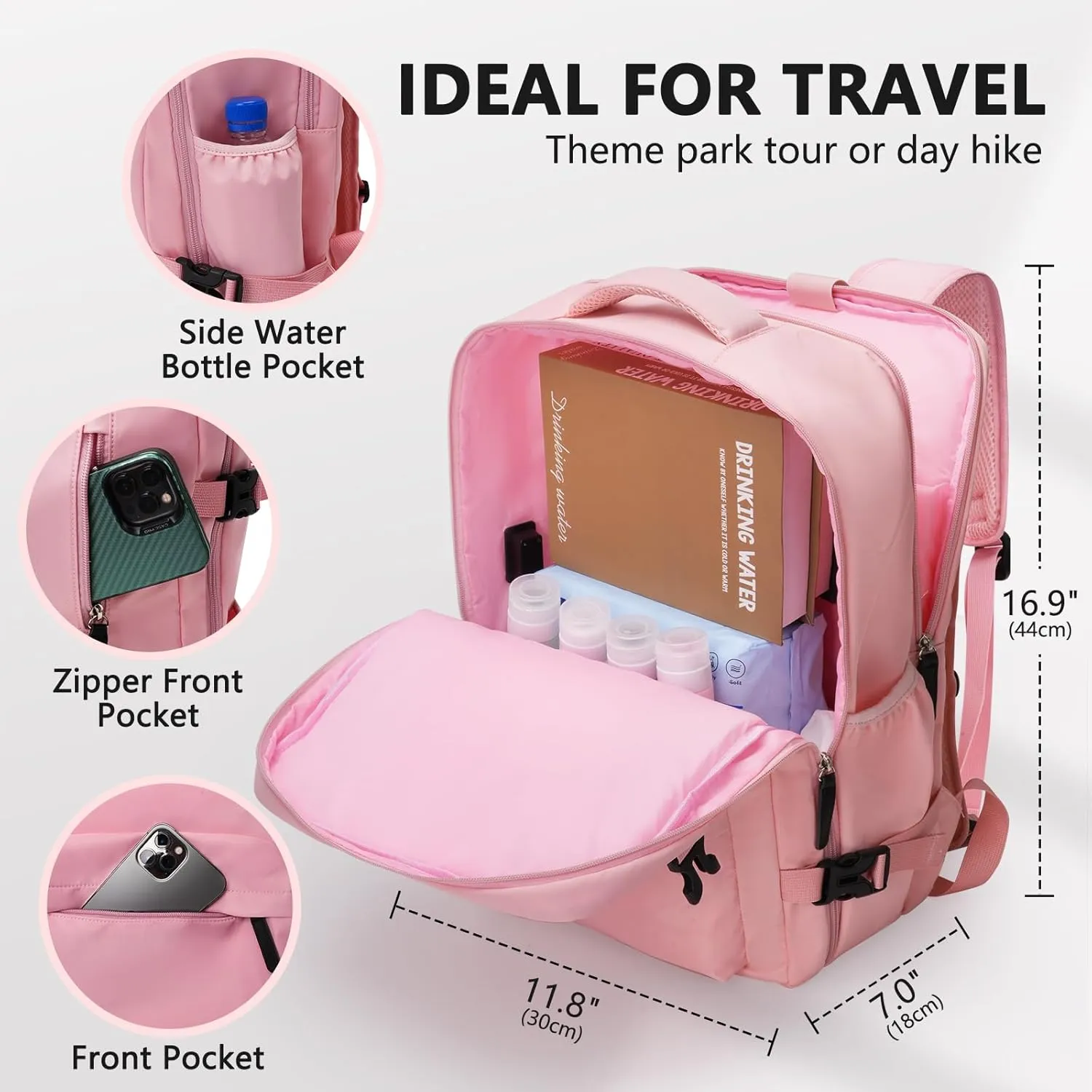 Travel Backpack for Women, 15.6 Inch Laptop Backpacks with USB Charging Port, Airline Approved Casual Daypack for Personal Item Weekender Business Hiking, Pink