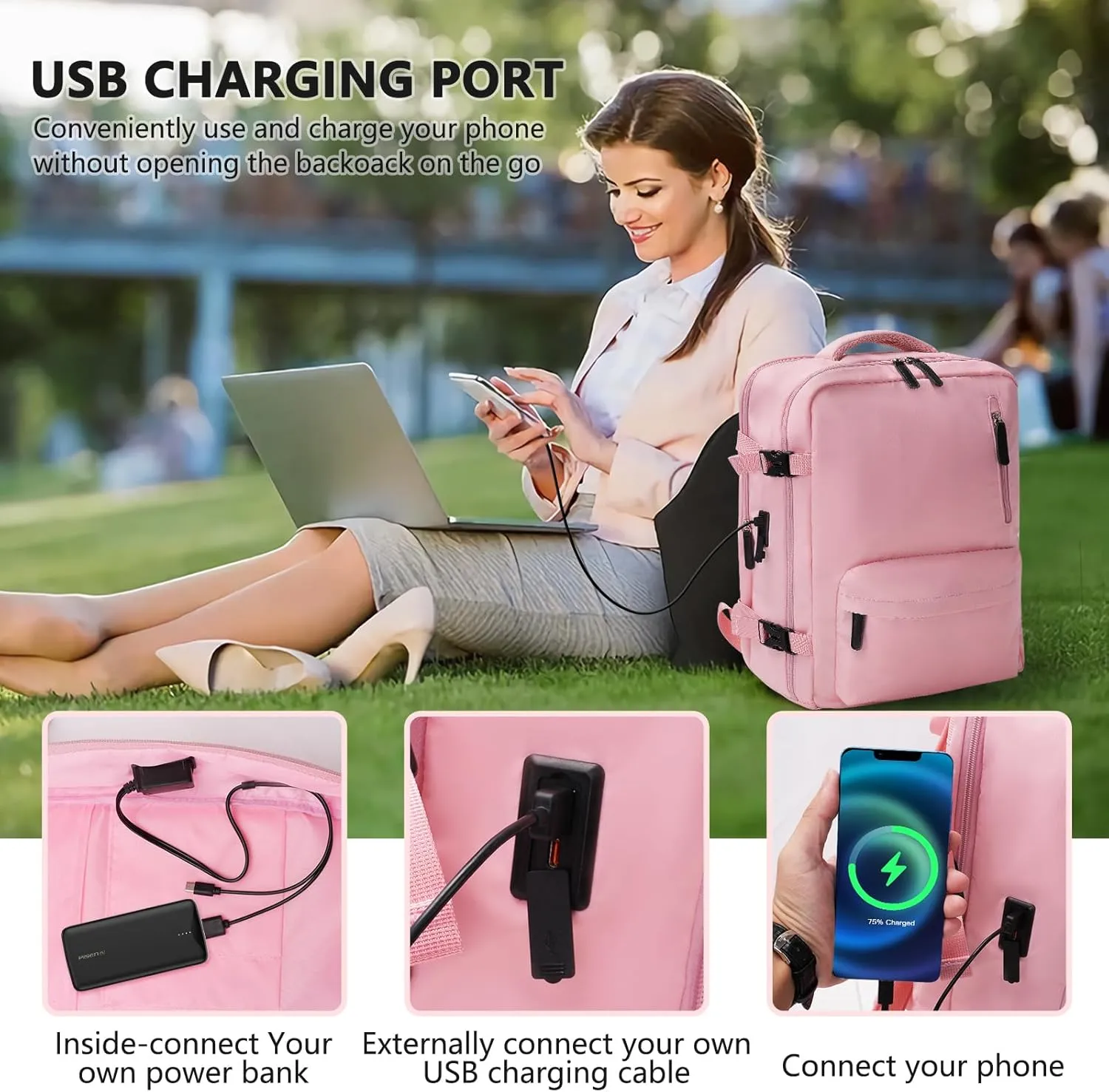 Travel Backpack for Women, 15.6 Inch Laptop Backpacks with USB Charging Port, Airline Approved Casual Daypack for Personal Item Weekender Business Hiking, Pink