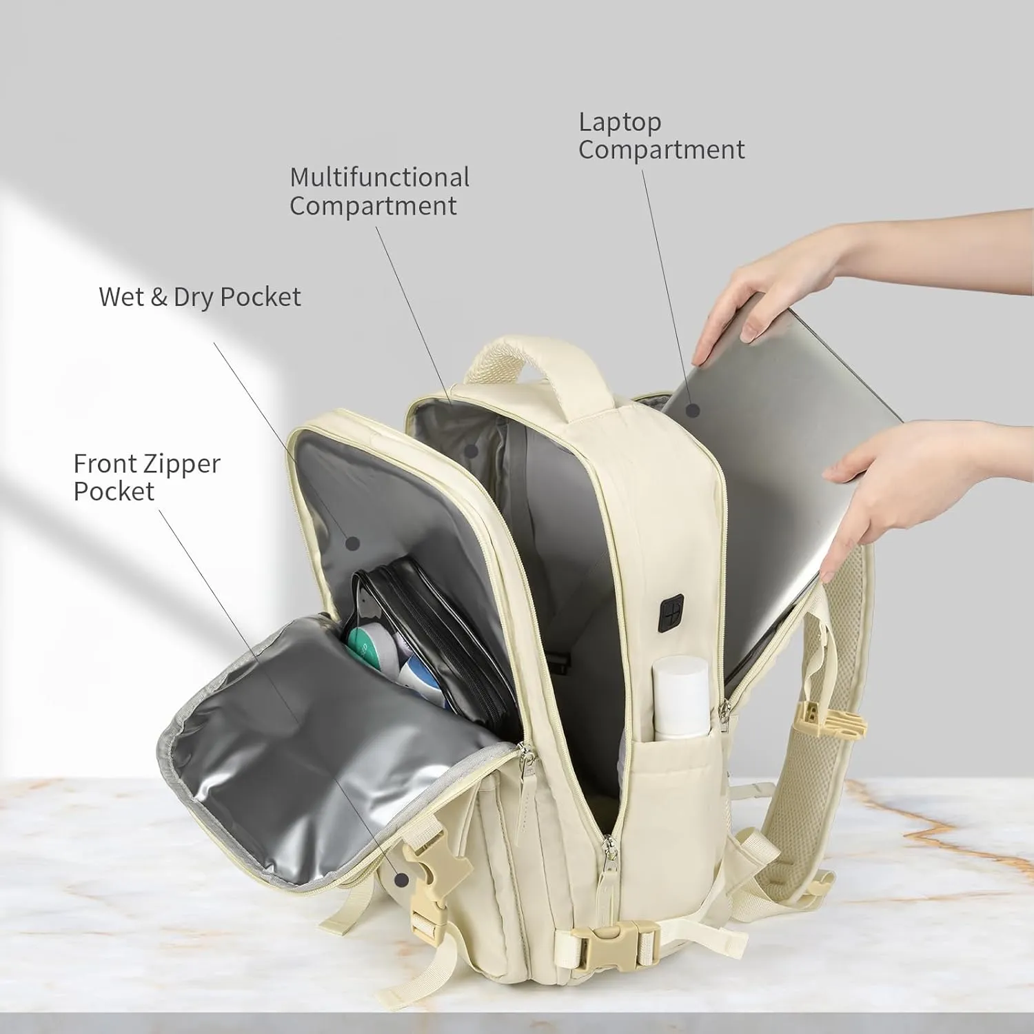 Travel Backpack For Women, 25L Waterproof Laptop Daypack for Traveling Camping, Small Carry On Flight Approved Backpacks (Beige)